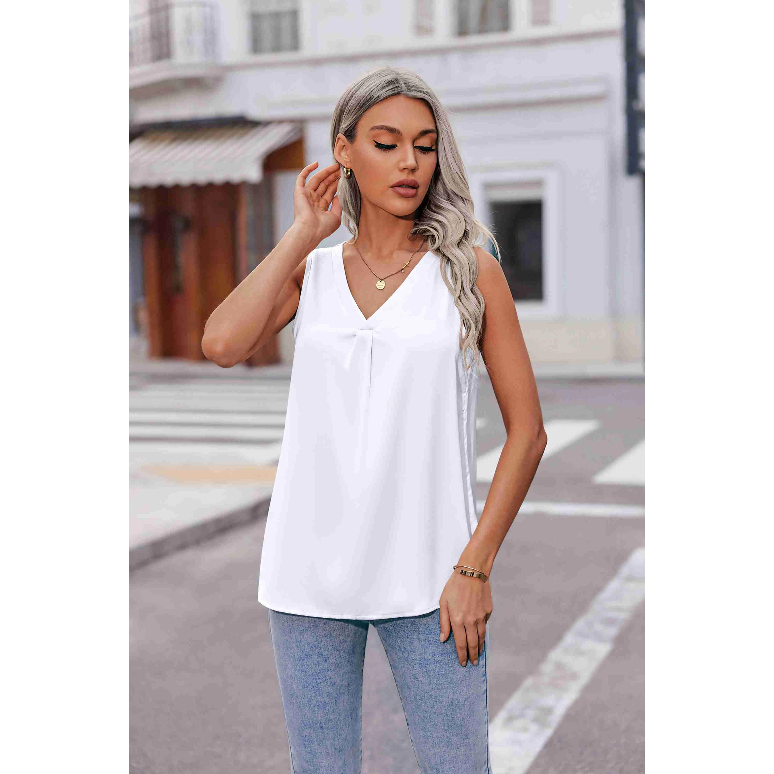 Zeagoo Women's Silk V Neck Pleated Sleeveless Tank Top