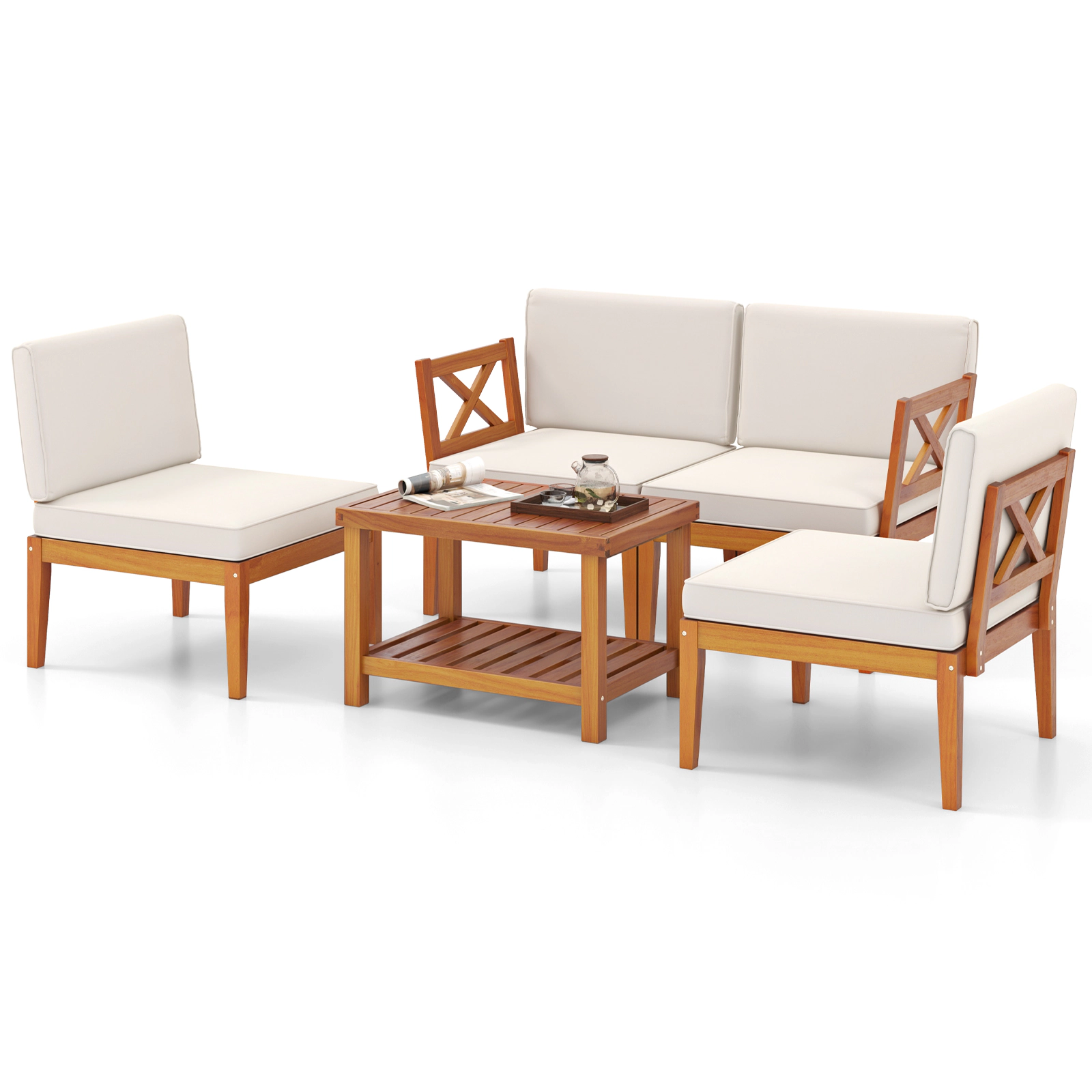 SUGIFT Coffee Table 5-Piece Off White Acacia Wood Patio Sectional Conversation Set