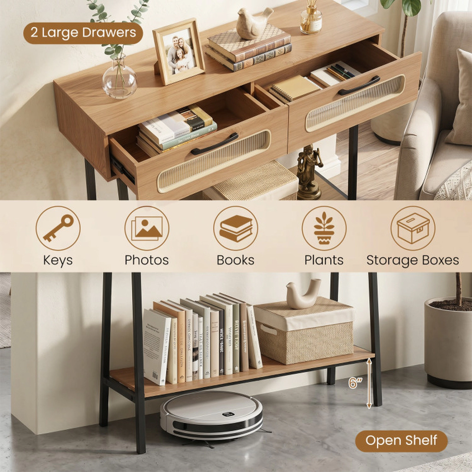 SUGIFT 36-in 100-lb Capacity Natural Console Table with Remote-Control 16-Color LED Lights 2 Drawers and Shelf