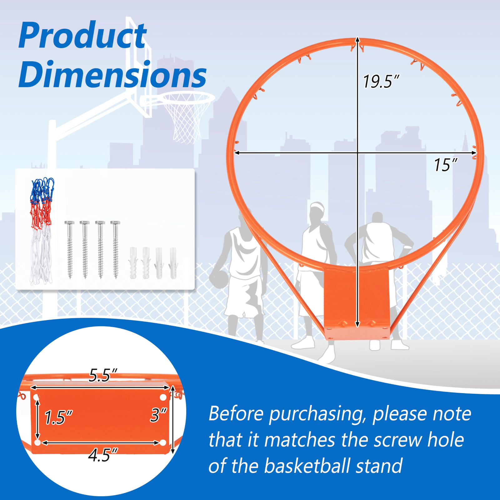 SUGIFT 15-in Basketball Rim Goal Replacement with All-Weather Net and Mounting Hardware Black/Orange