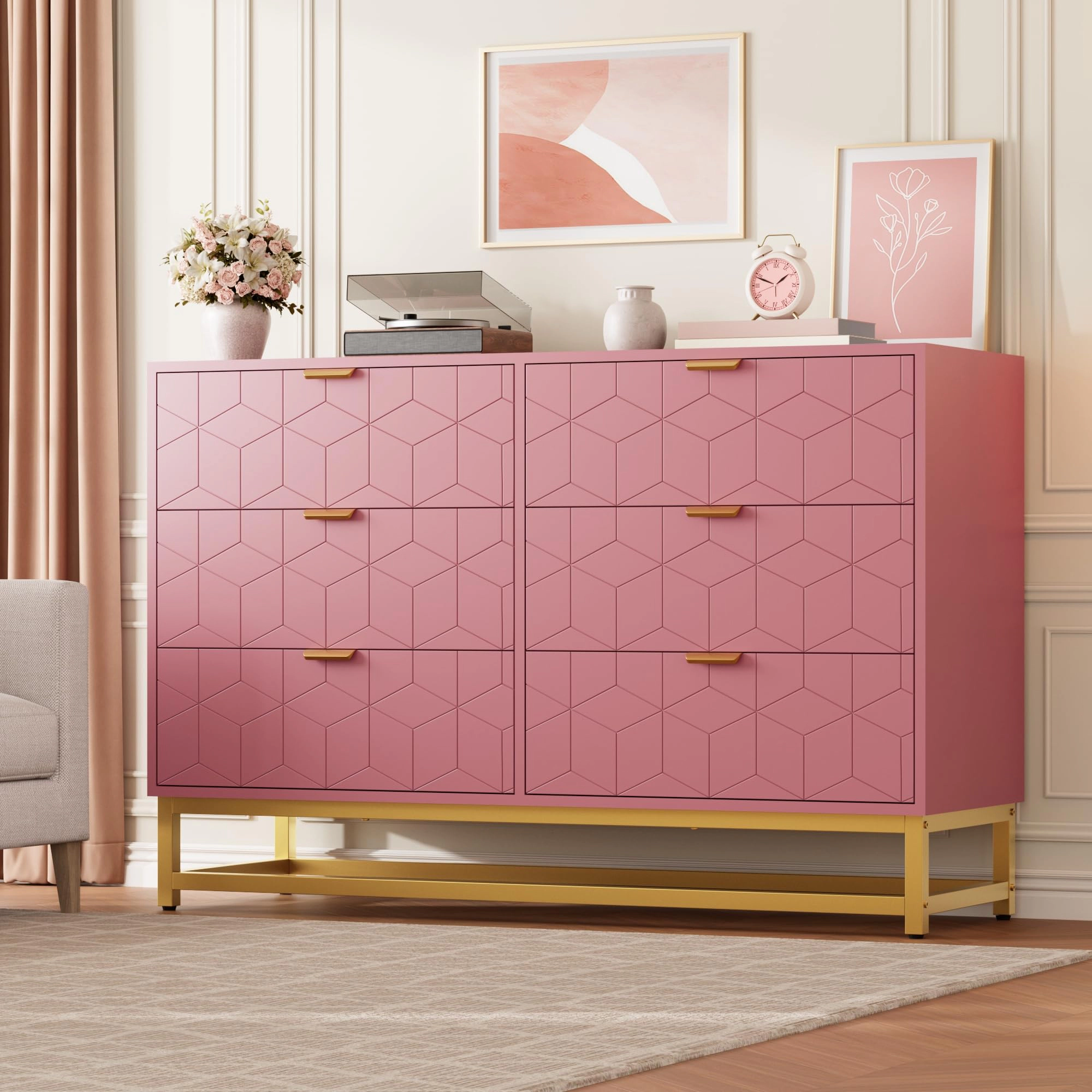 Modern 6 Drawer Double Dresser with Gold Handles, Wide Storage Chest & TV Stand for Bedroom Living Room