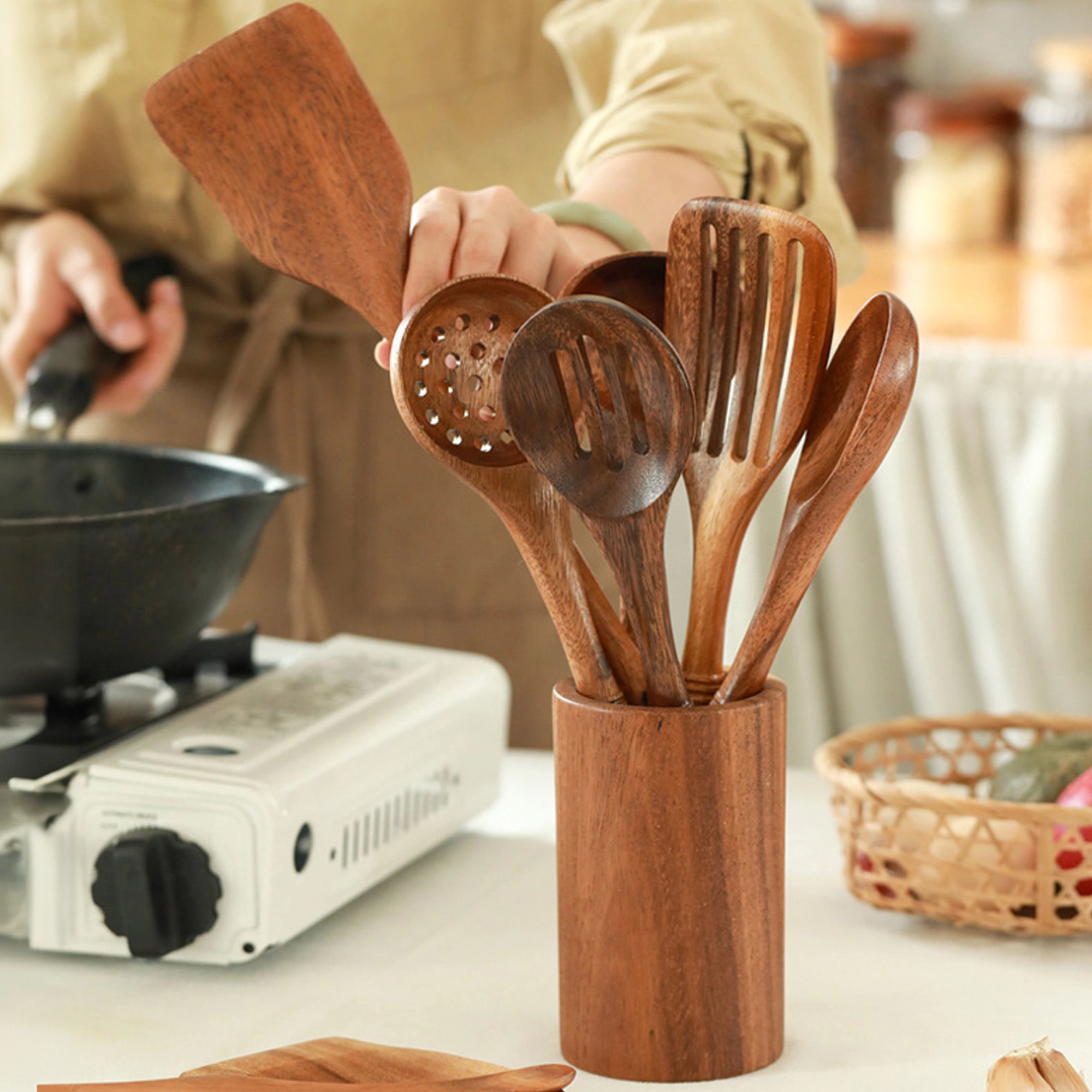 Cheer Collection 9-Piece Deluxe Wood Utensil Set w/ Holder & Spoon Rest