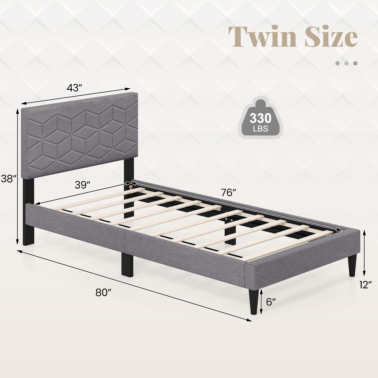 Twin Bed Frame Modern Platform Bed with Linen Upholstered Headboard 10 LVL Slats 6 Support Legs Gray