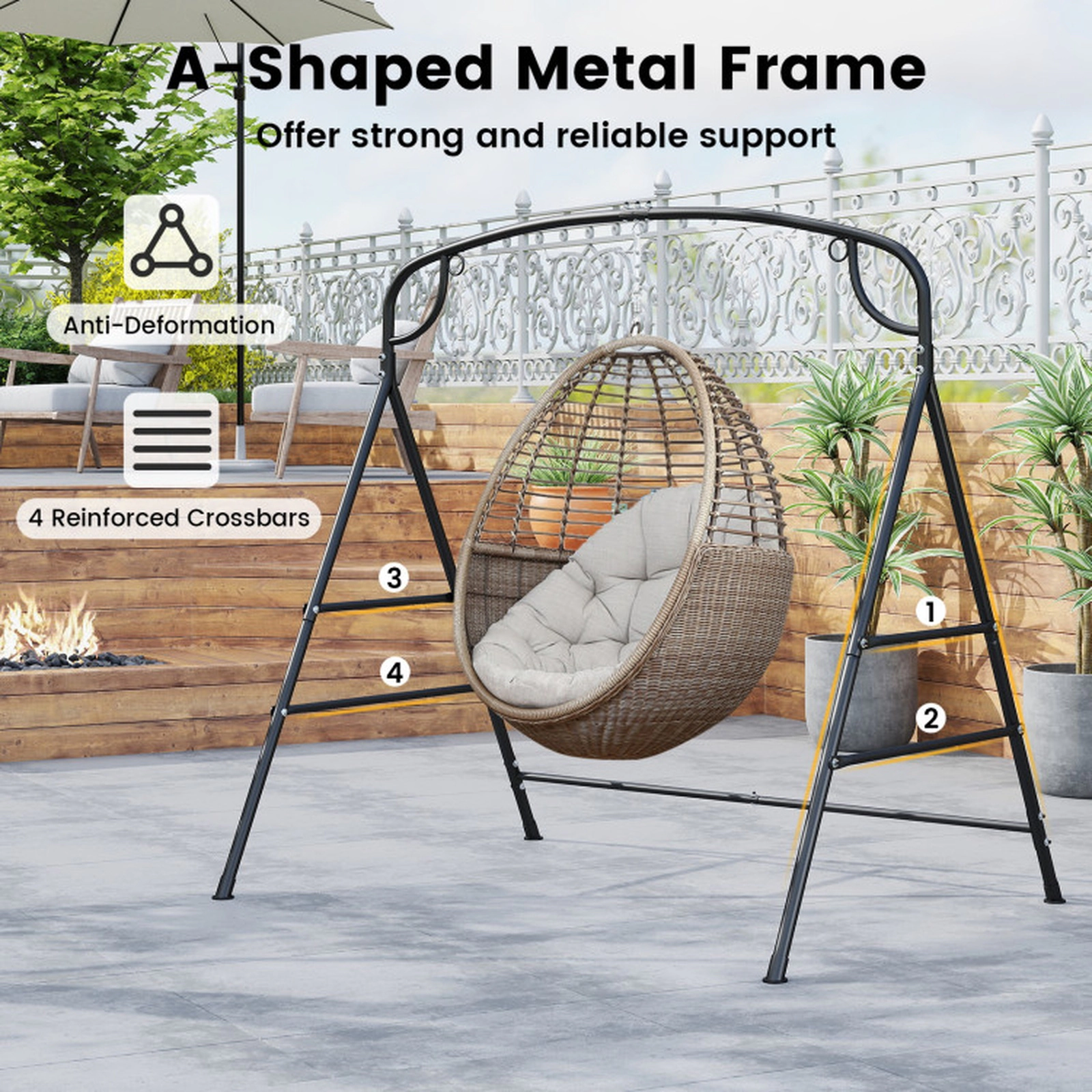 SUGIFT Black Metal A-Frame Swing Stand, 660-Lb Capacity, 3 Rings, 4 Support Bars