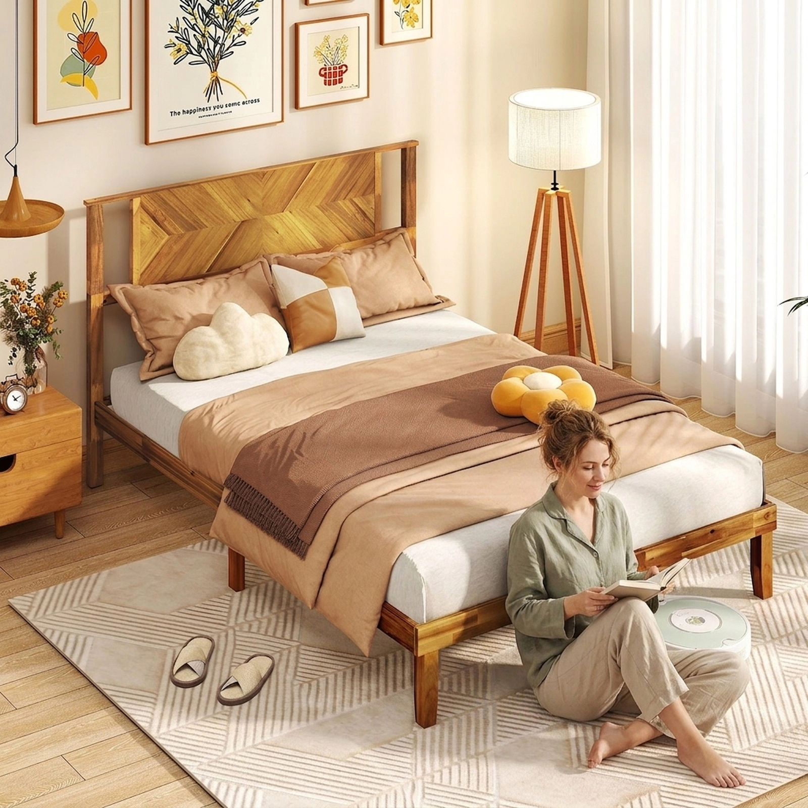 SUGIFT Full Platform Bed Frame, Acacia Wood, Curved Retro Headboard, 800-lb Capacity, Golden Brown