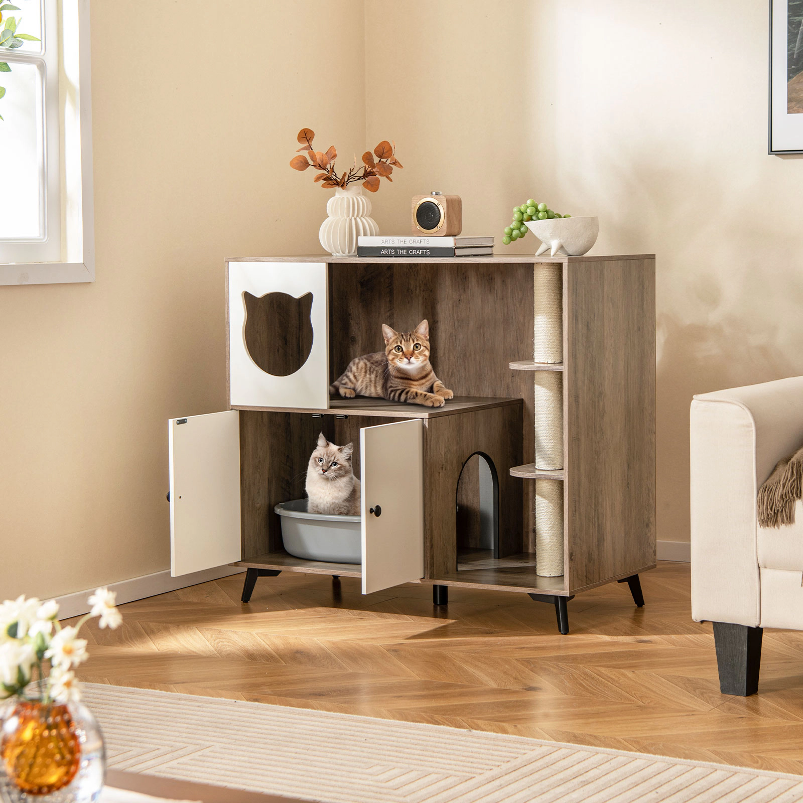 SUGIFT 40 x 36-in 66-lb Layer Capacity Natural Cat Litter Box Enclosure Cat Condo with 3 Sisal Scratching Posts
