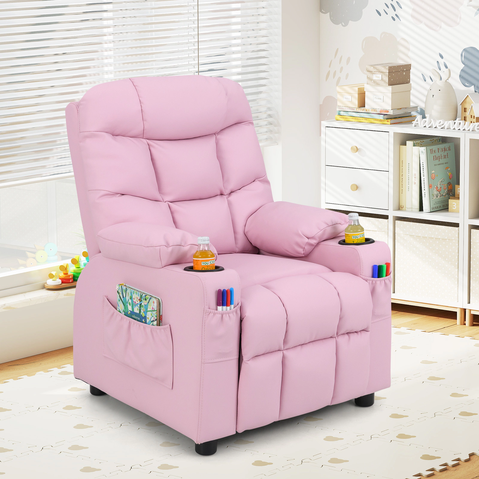 SUGIFT Adjustable Kids Recliner Chair with Cup Holder and Footrest 120-Lb Capacity Ages 3+ 26-in Wide Light Pink