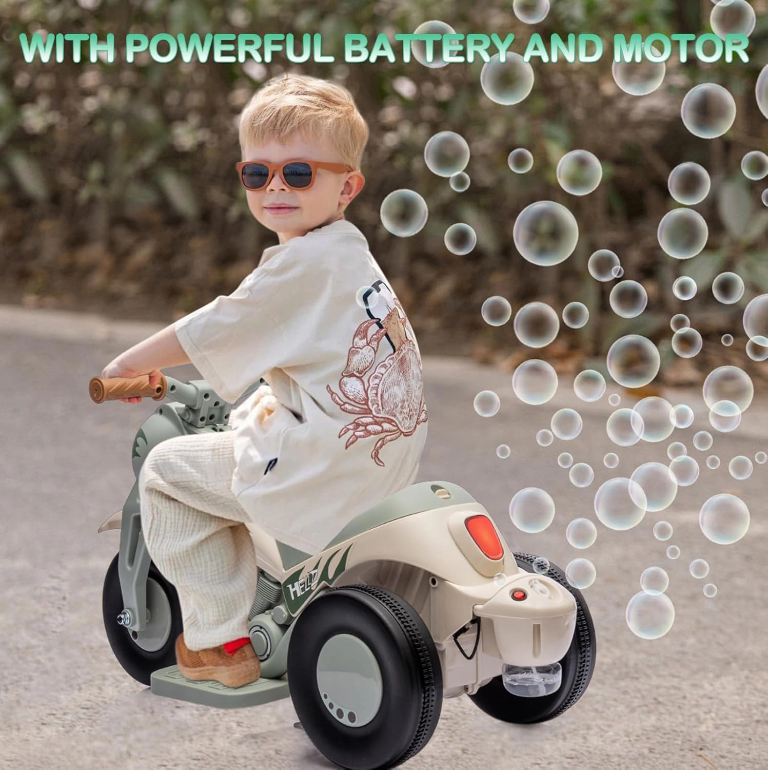 Ride-On Bubble Motorcycle for Kids, 6V Electric 3-Wheel Toy with Light, Music & Maker