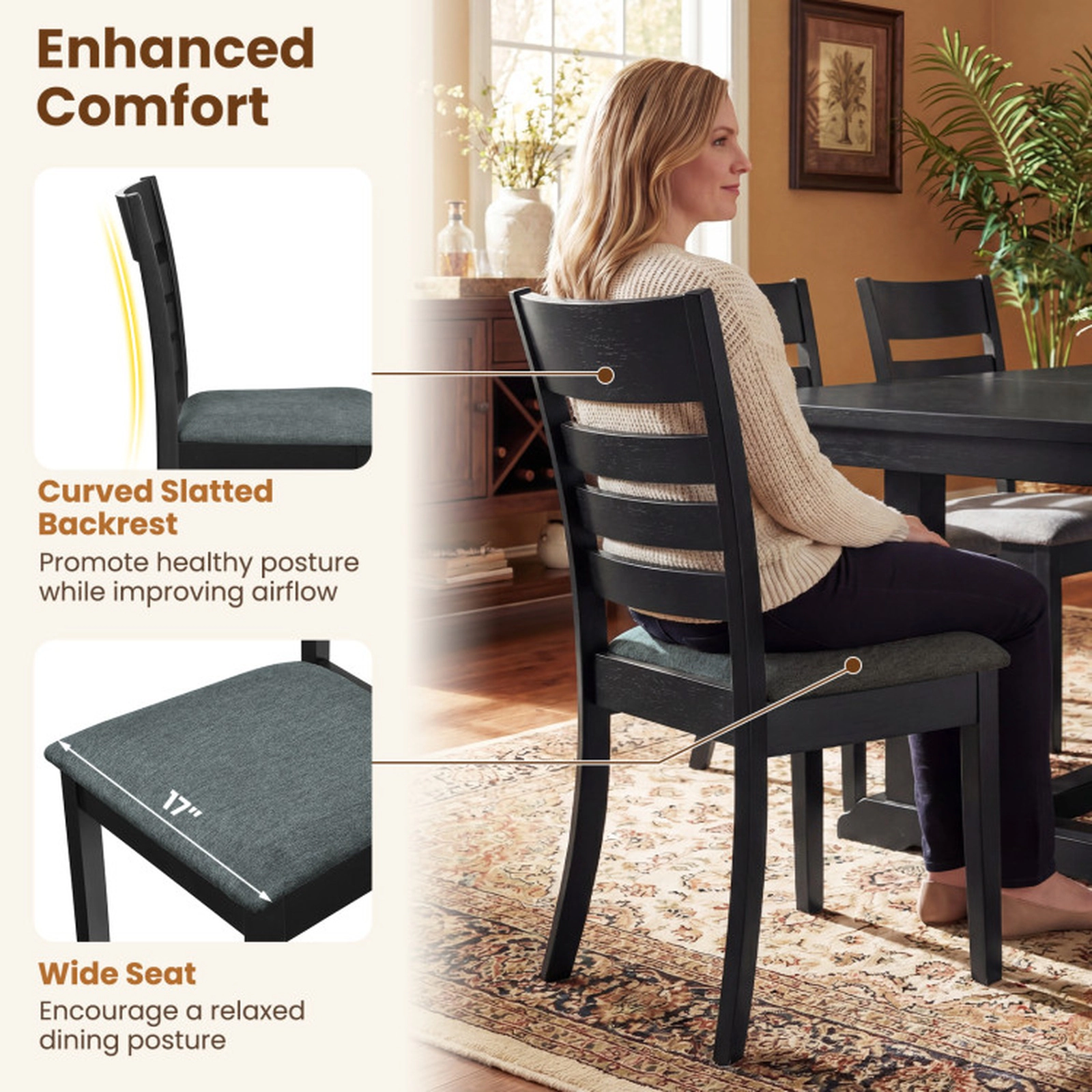 SUGIFT Set of 2 Black Upholstered Dining Chairs with Slatted Curved Back 17-in W 35.5-in H 346-lb Per Chair