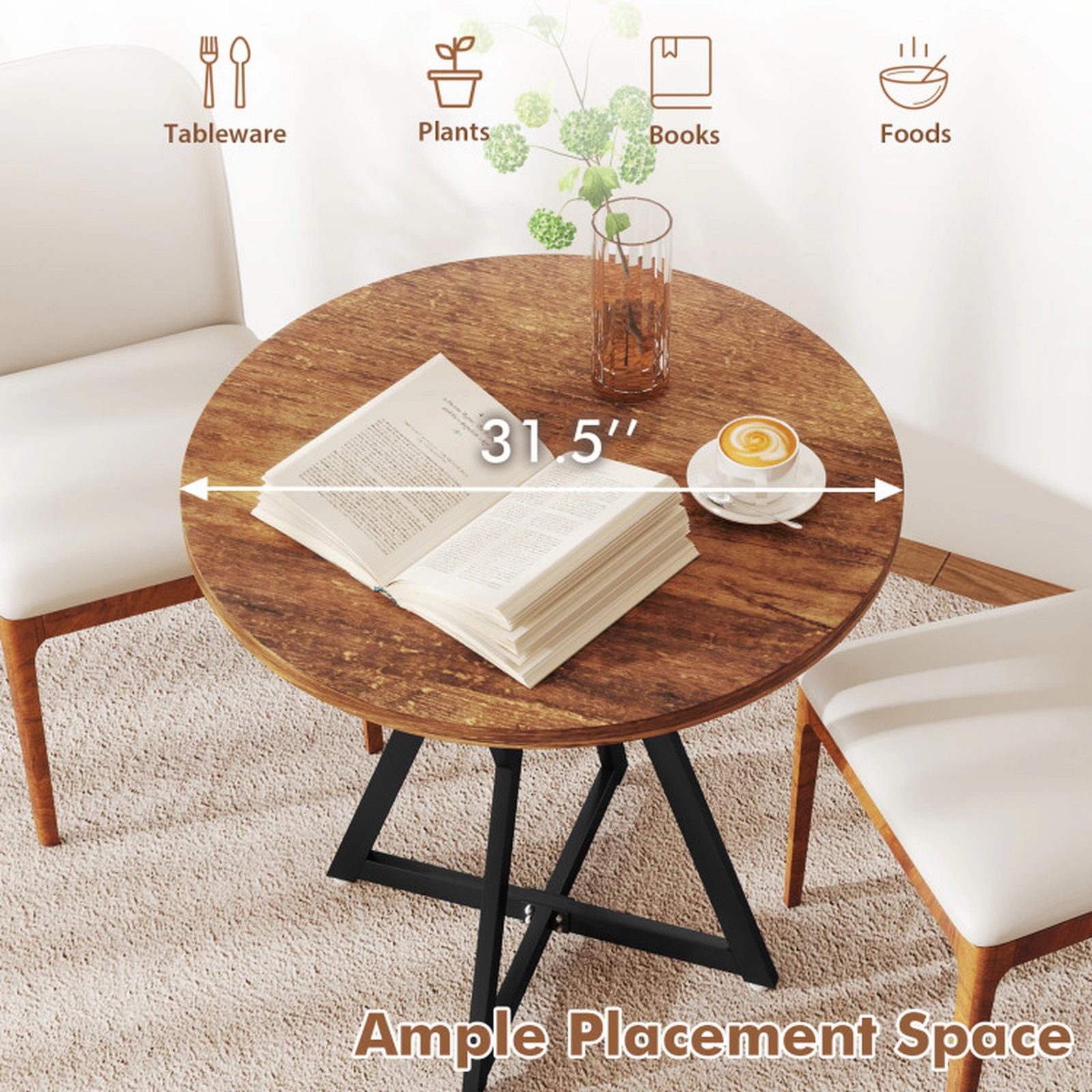 SUGIFT 31.5-in Round Industrial Dining Table Engineered Wood Top Metal Pedestal X-Base 220-lb Capacity Rustic Brown