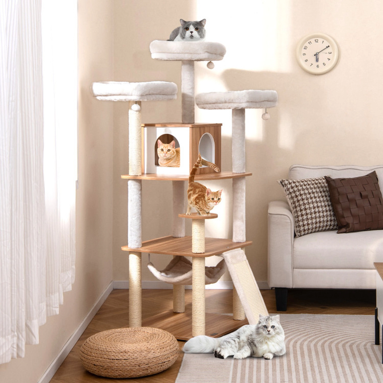 SUGIFT Cat Tree 3 Padded Perches Condo Hammock Ladder & Sisal Scratching Posts 33-lb Capacity per Layer Natural+White