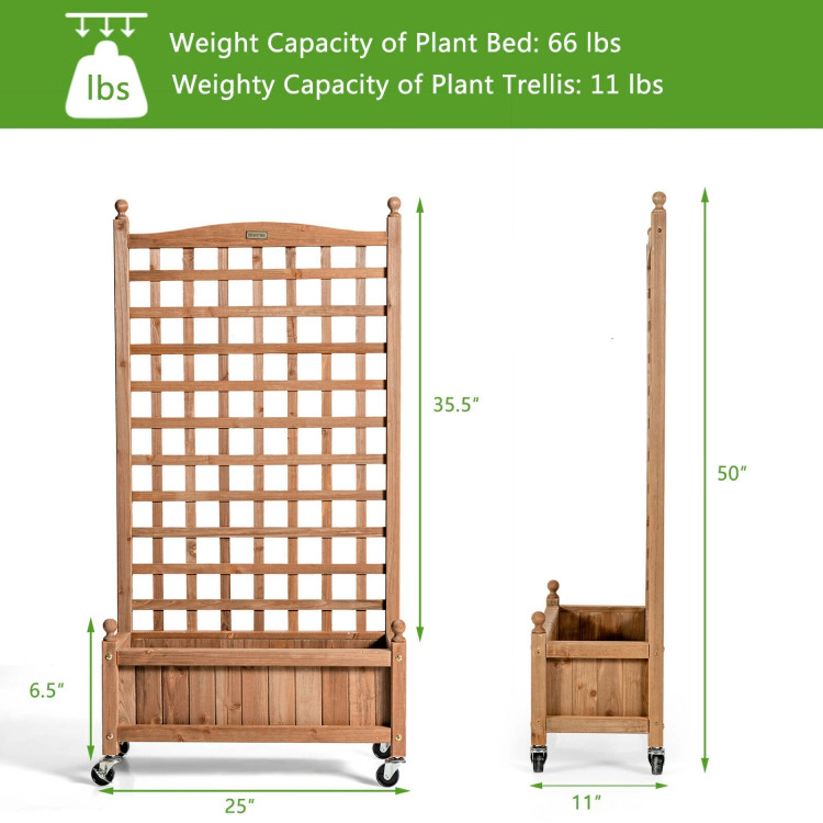 Hivvago 50 Inch Wood Planter Box with Trellis Mobile Raised Bed for Climbing Plant