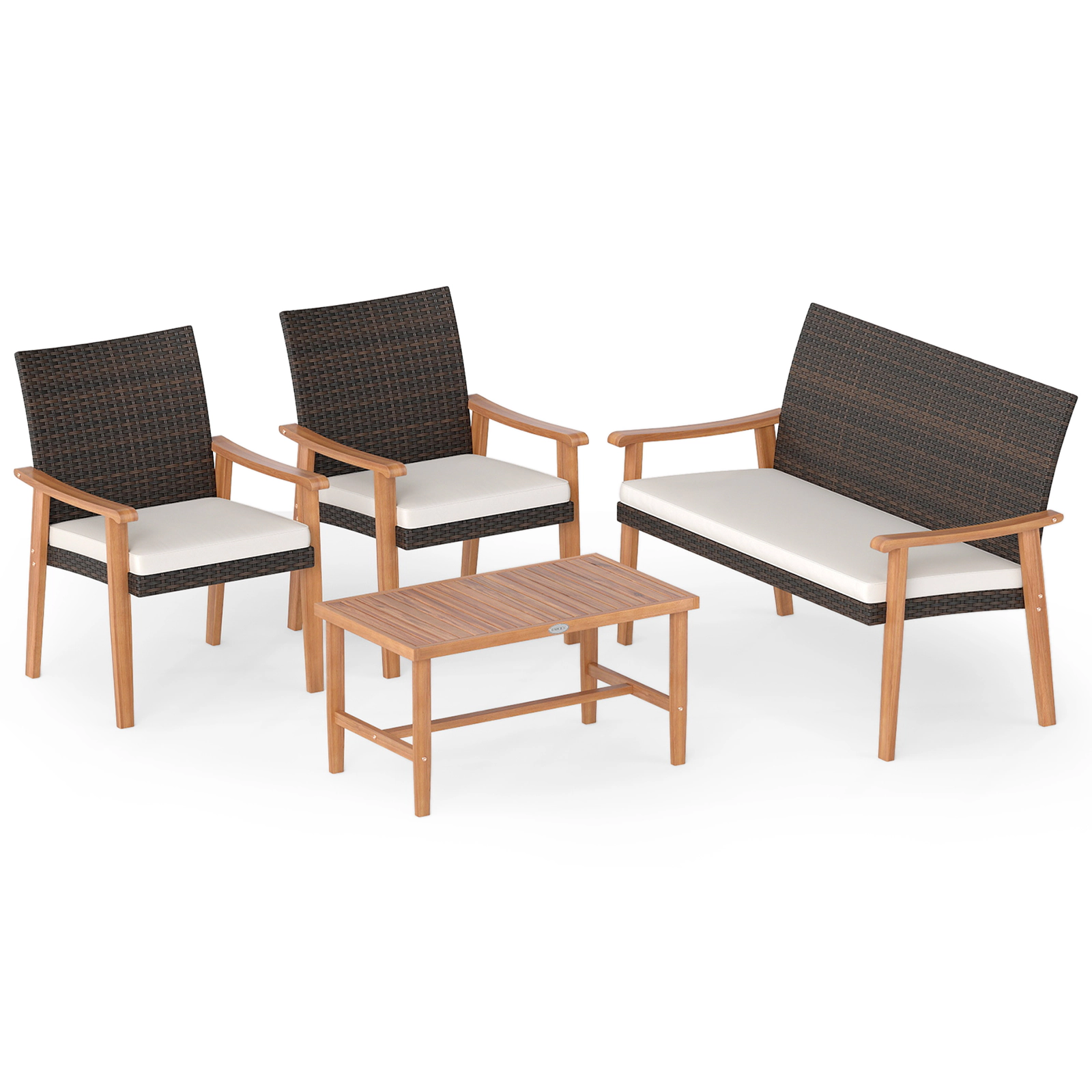 LJG 4 Piece Patio Furniture Set PE Rattan Porch Chairs with Acacia Wood Coffee Table and Soft Cushions