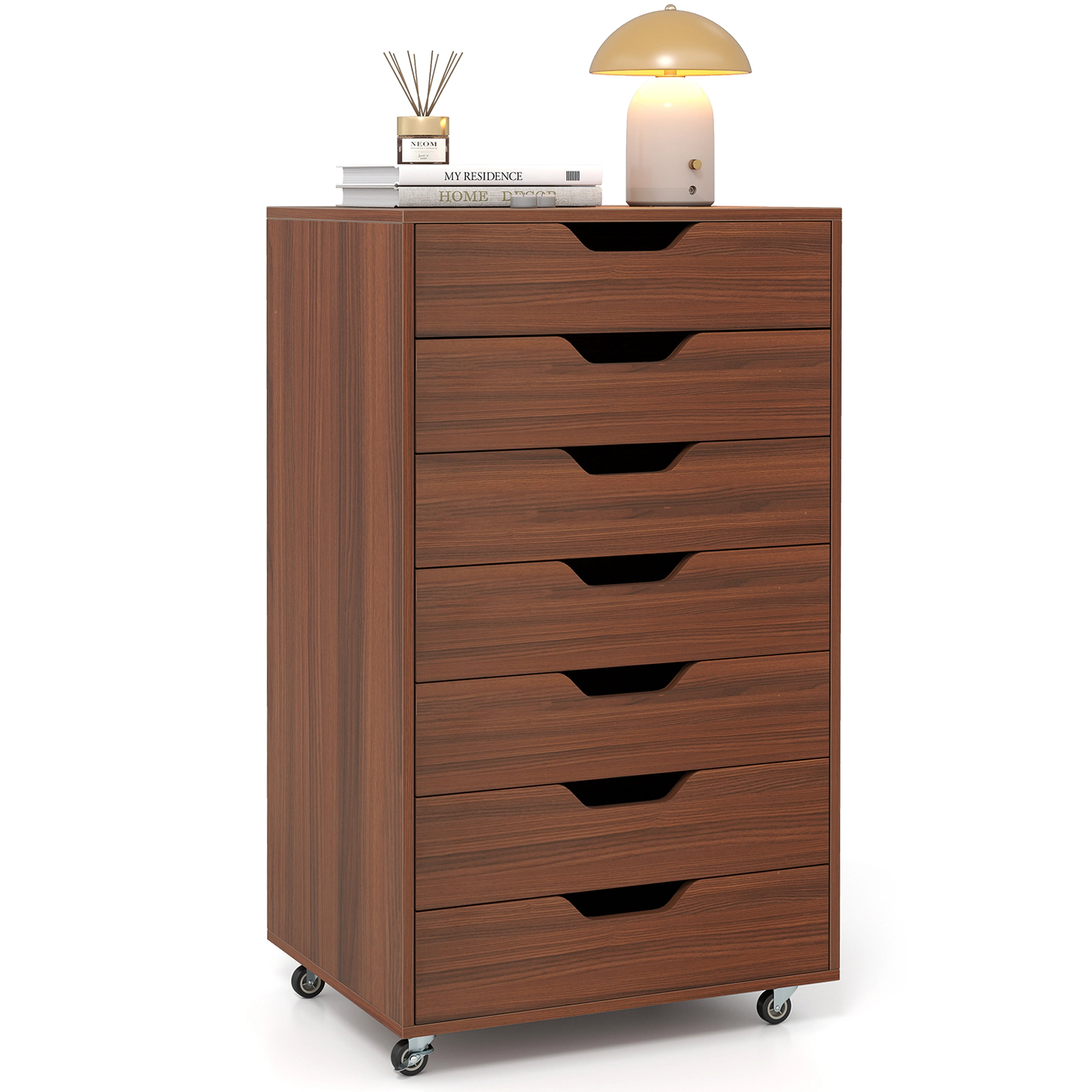 SUGIFT 7-Drawer MDF Engineered Wood Storage Chest with Lockable Wheels 120-lb Capacity Walnut