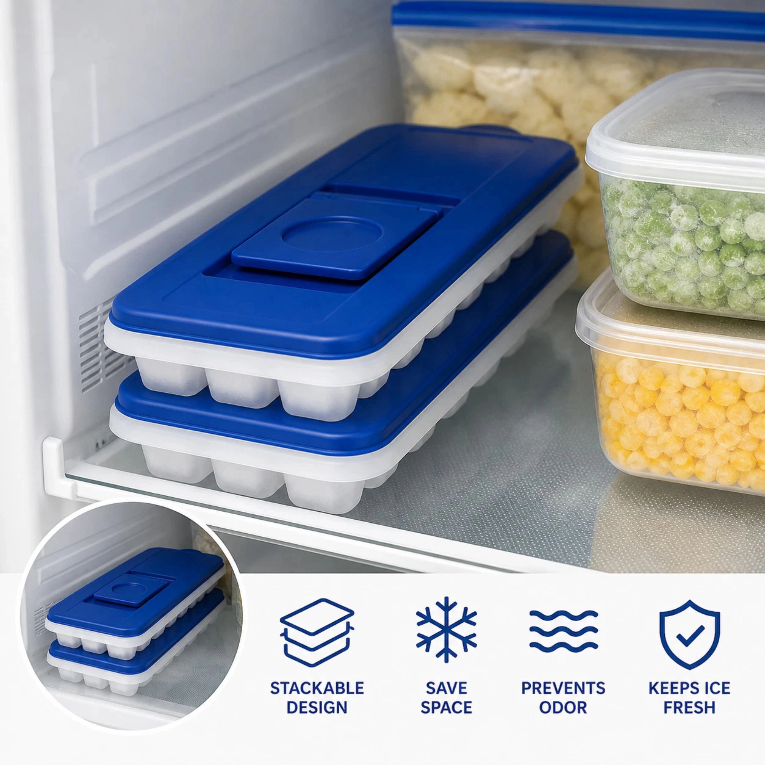 Home Collection No Spill Ice Cube Trays with Lids BPA-Free Stackable Blue, Pack of 2