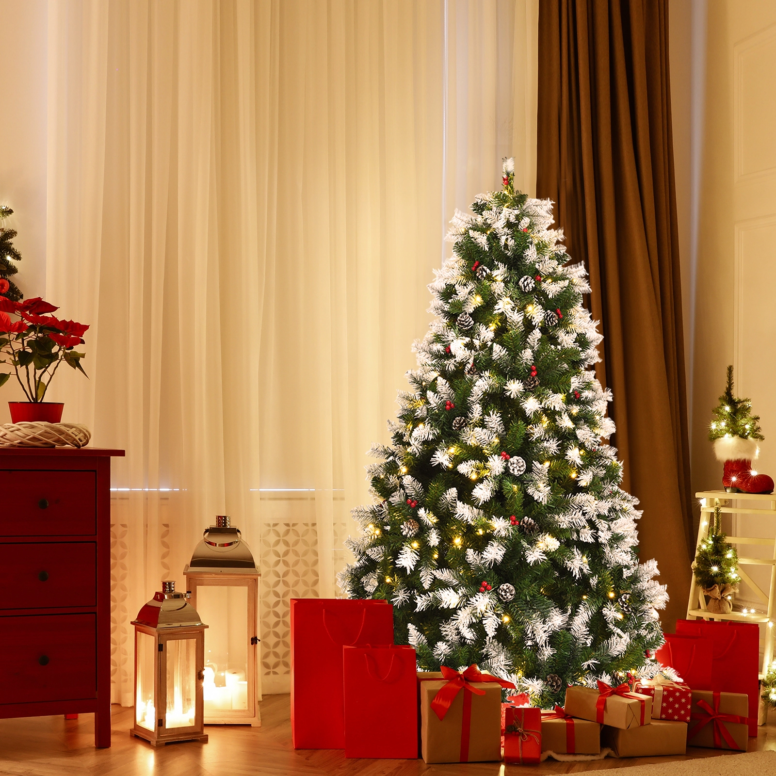 SlickBlue Pre-Lit Snow Flocked Christmas Tree with Pine Cones