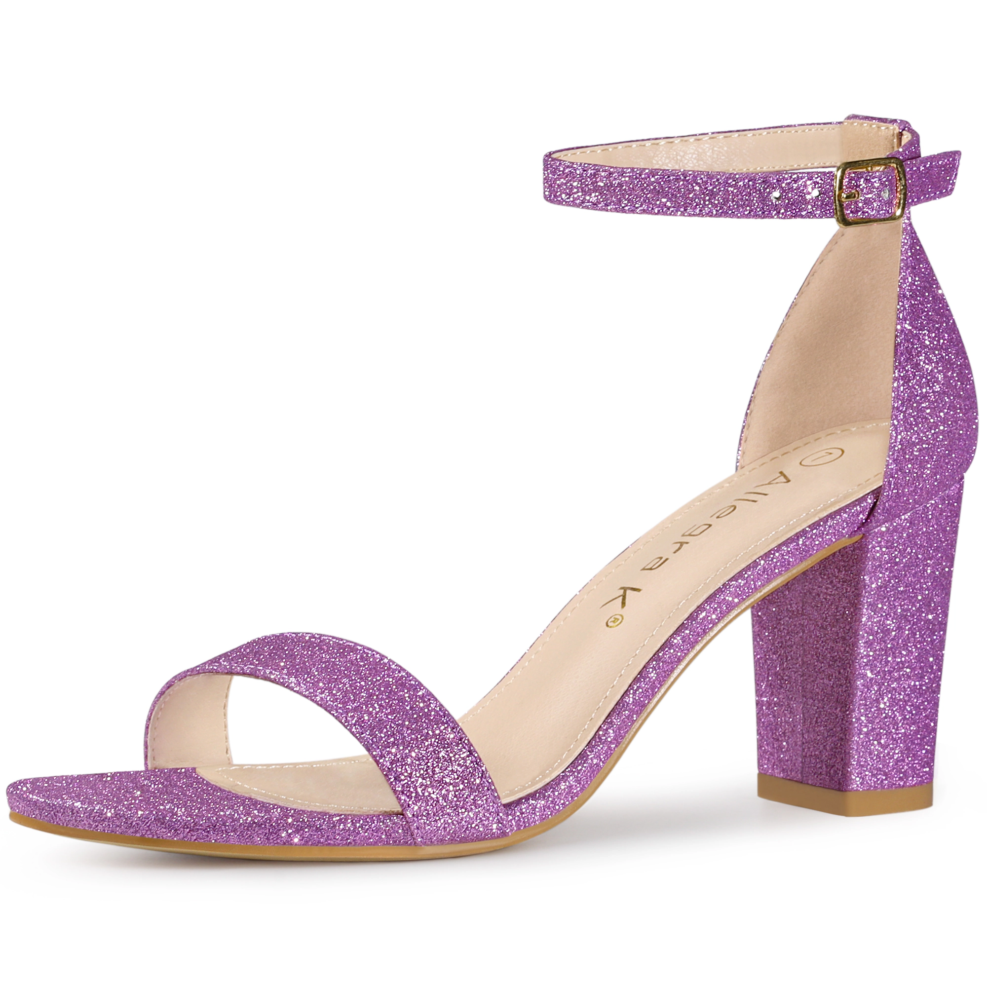 BLISSFUL STEP Women's Gradient Glitter Chunky Heels Ankle Strap Sandals