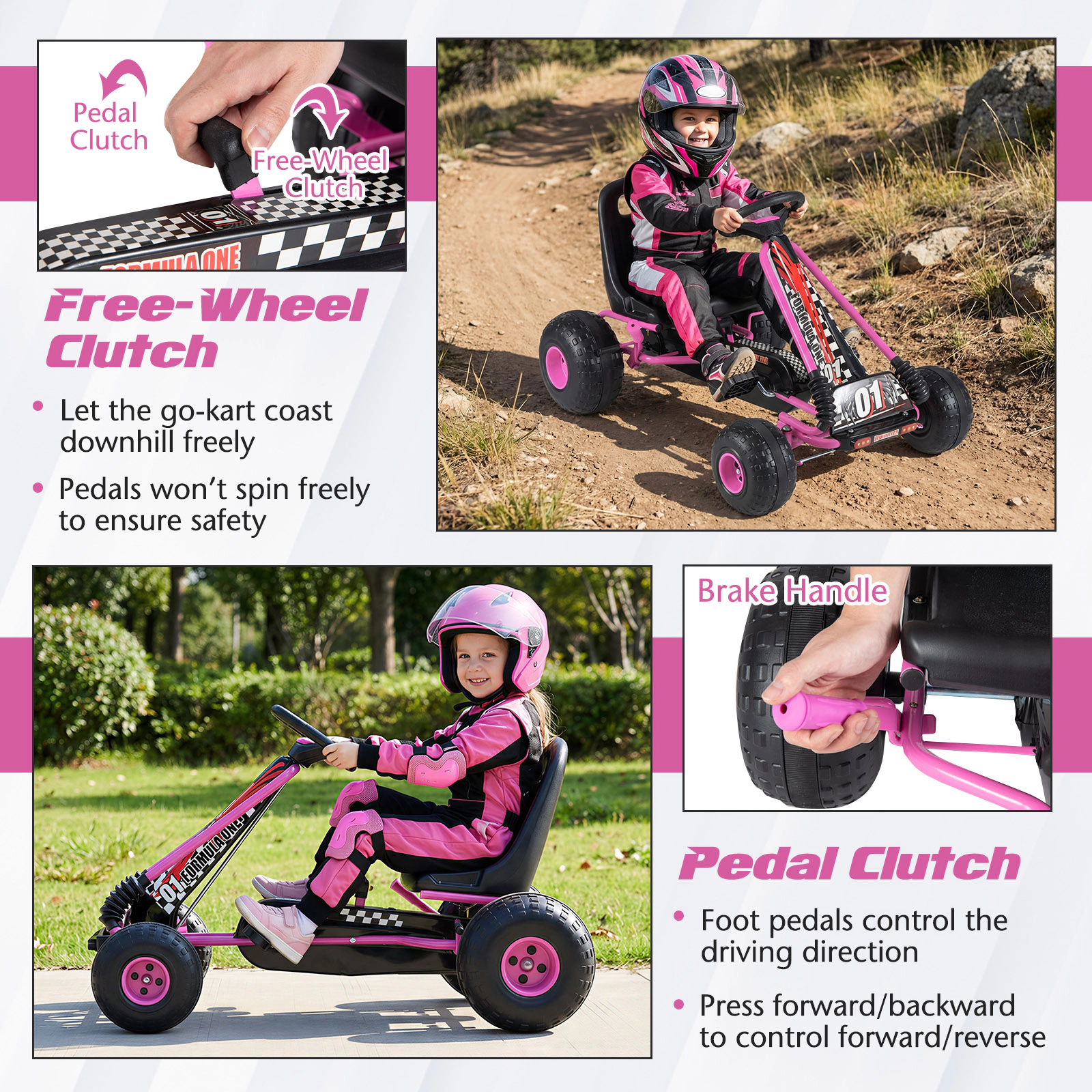 Kids 4-Wheel Pedal Powered Ride On 2-Position Adjustable Seat Handbrake Multi-Terrain Wheels Ages 3-8 Pink Pedal Go Cart