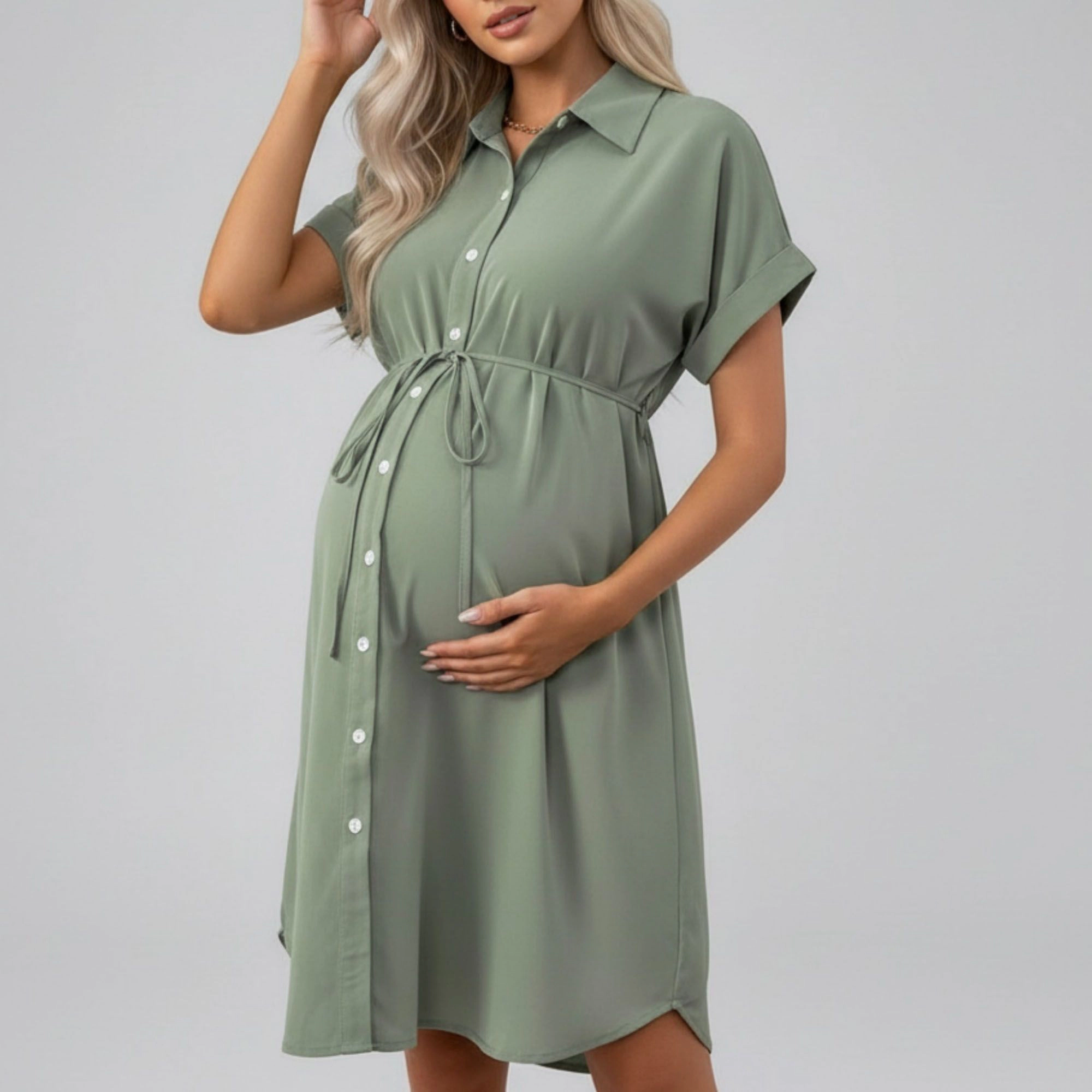 Anna-Kaci Womens Maternity Button-Down Collared Midi Shirt Dress with Tie Waist