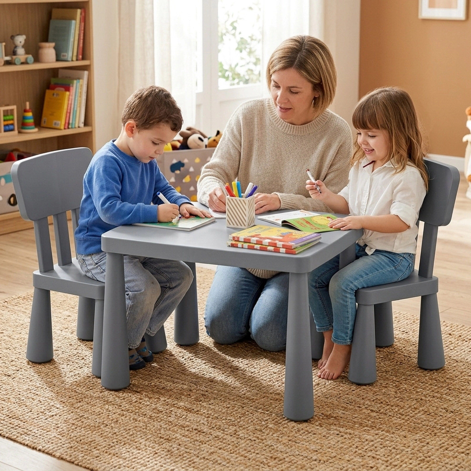SUGIFT Kids Table and Chair Set, 3-Piece Gray PP Activity Table with 2 Chairs, 110-Lb Capacity