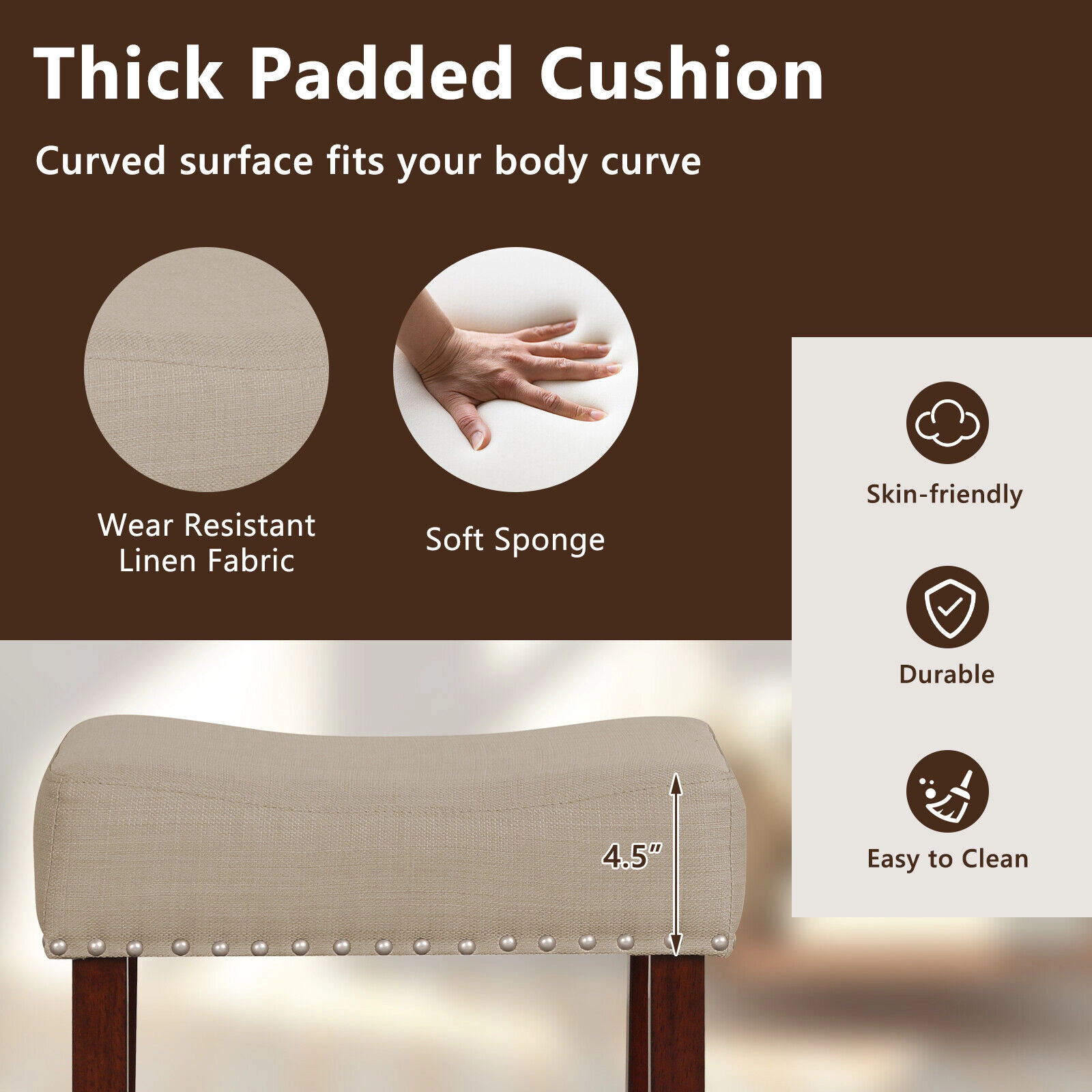 SUGIFT Set of 2 Beige 29.5-Inch Backless Bar Stools, Padded Linen Seats, Rubber Wood Legs