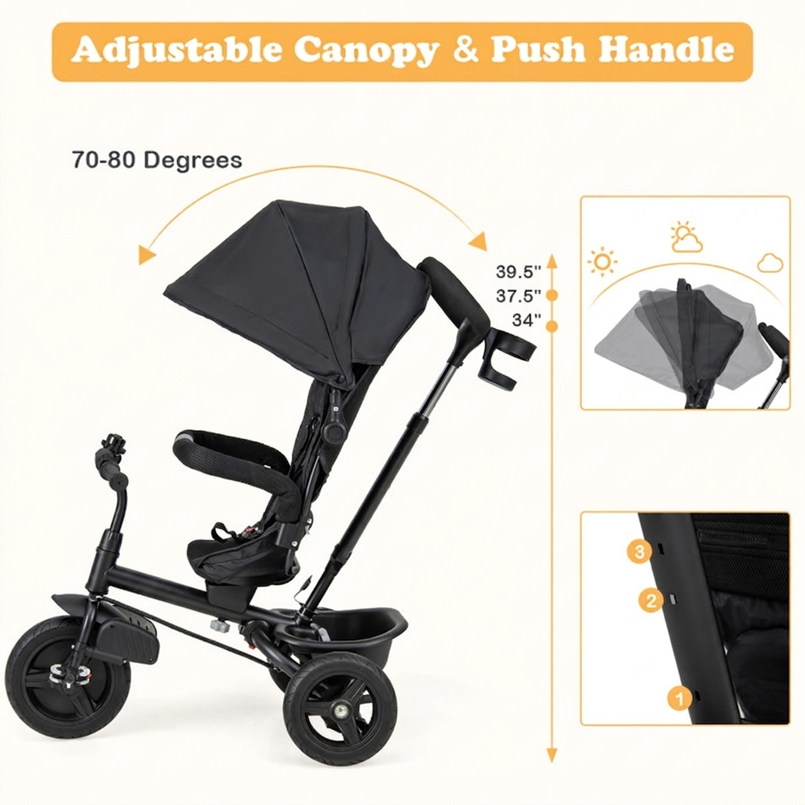 SUGIFT 4-in-1 Reversible Seat Baby Tricycle Stroller with 5-Point Harness 55-lb Seat Capacity Ages 9-60 Months Black