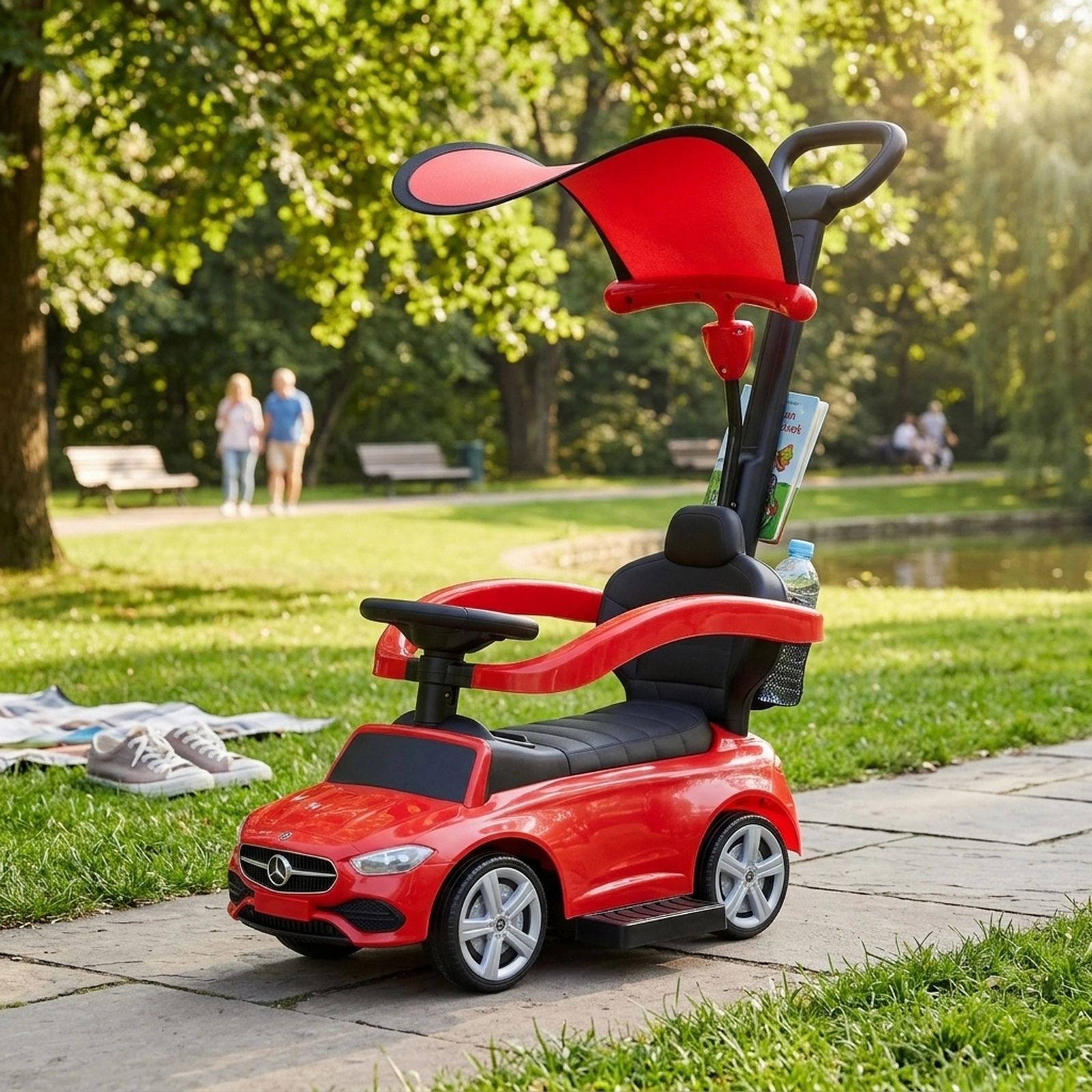 3-in-1 Toddler Push Car with Handle Canopy Guardrail and Under-Seat Storage for 18-36 Months Sliding Ride On Car