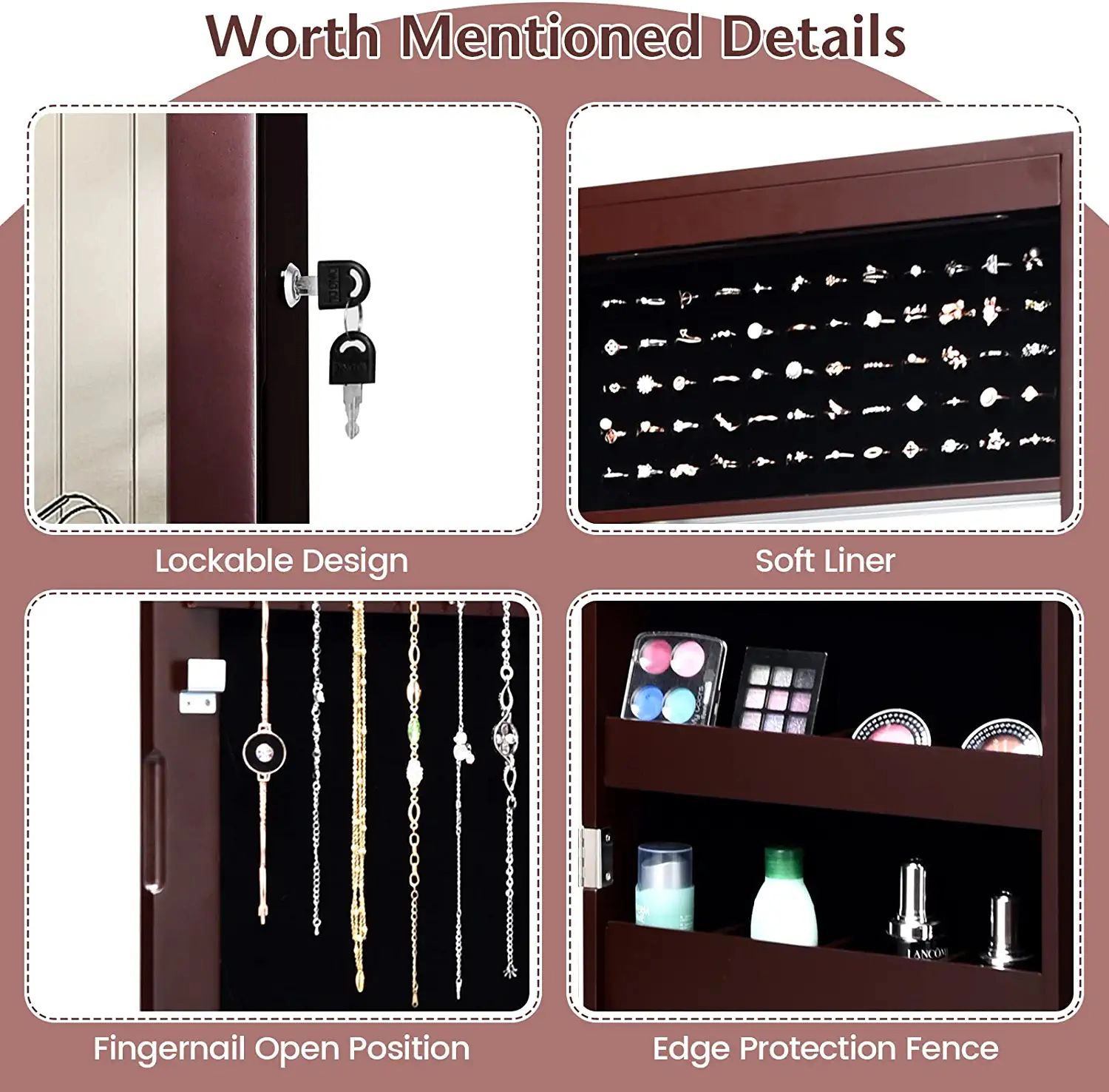 Hivvago Lockable Wall-Mounted Jewelry Cabinet with LED Mirror