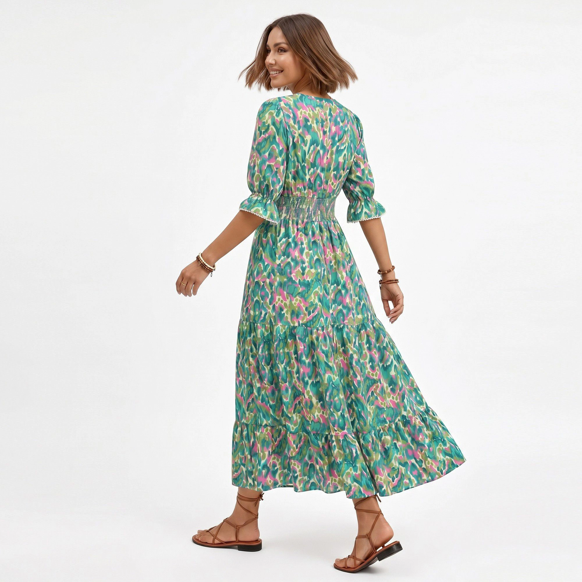 Anna-Kaci Women's Printed V-Neck Smocked Waist Tiered Skirt Midi Dress