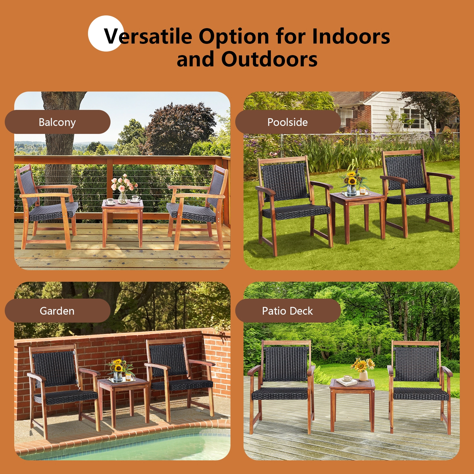 SUGIFT 3-Piece Reddish Brown Rattan Bistro Set with Acacia Wood Chairs and Side Table