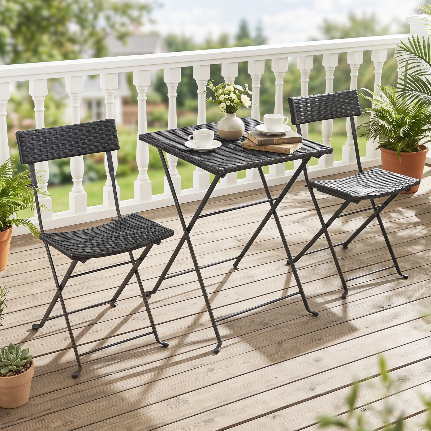 LJG 3-Piece Folding Bistro Set with PE Wicker and x-Shaped Metal Frame