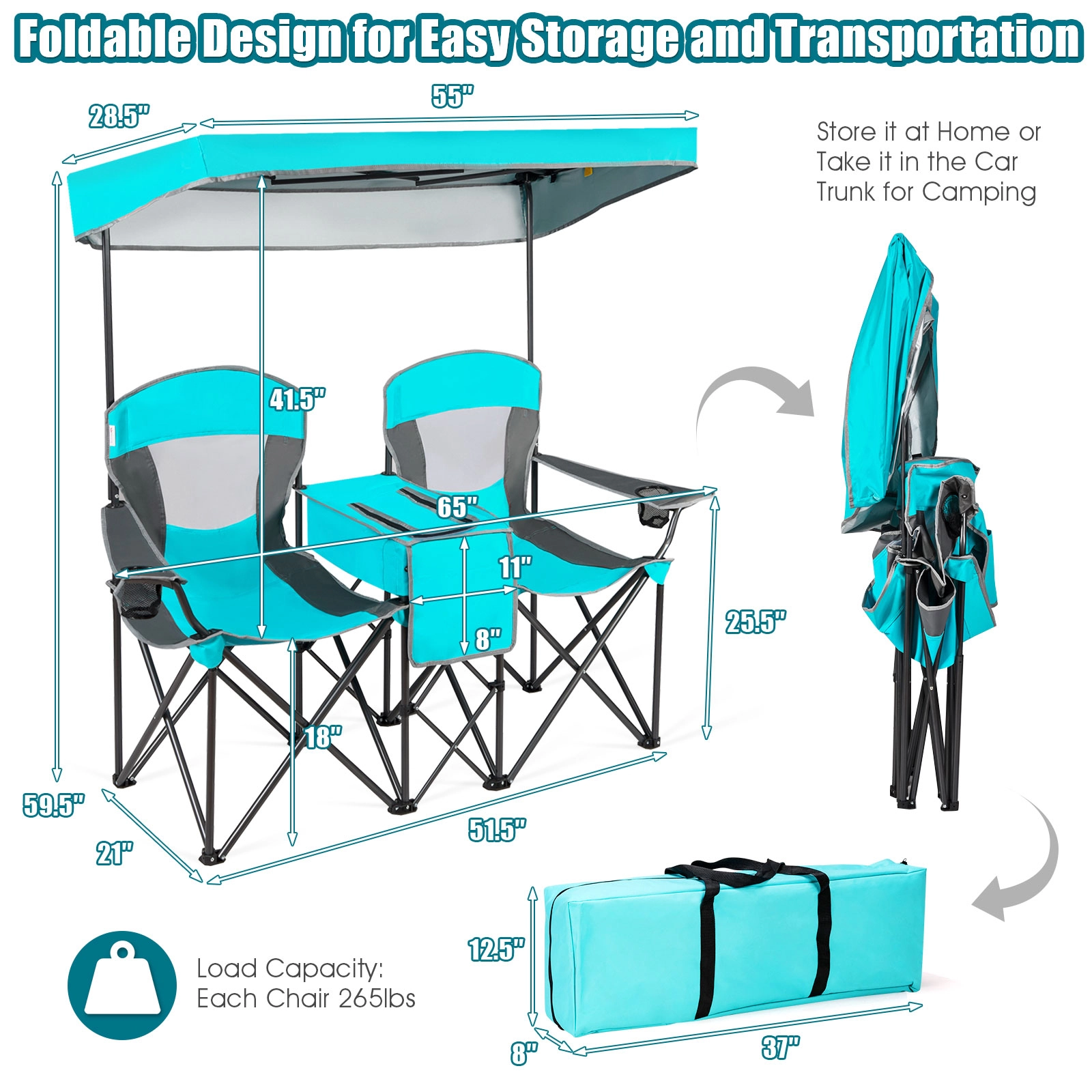 SUGIFT 265-lb Capacity Portable Folding Camping Canopy Chair with Adjustable Sun Shade Cooler Bag and Cup Holder