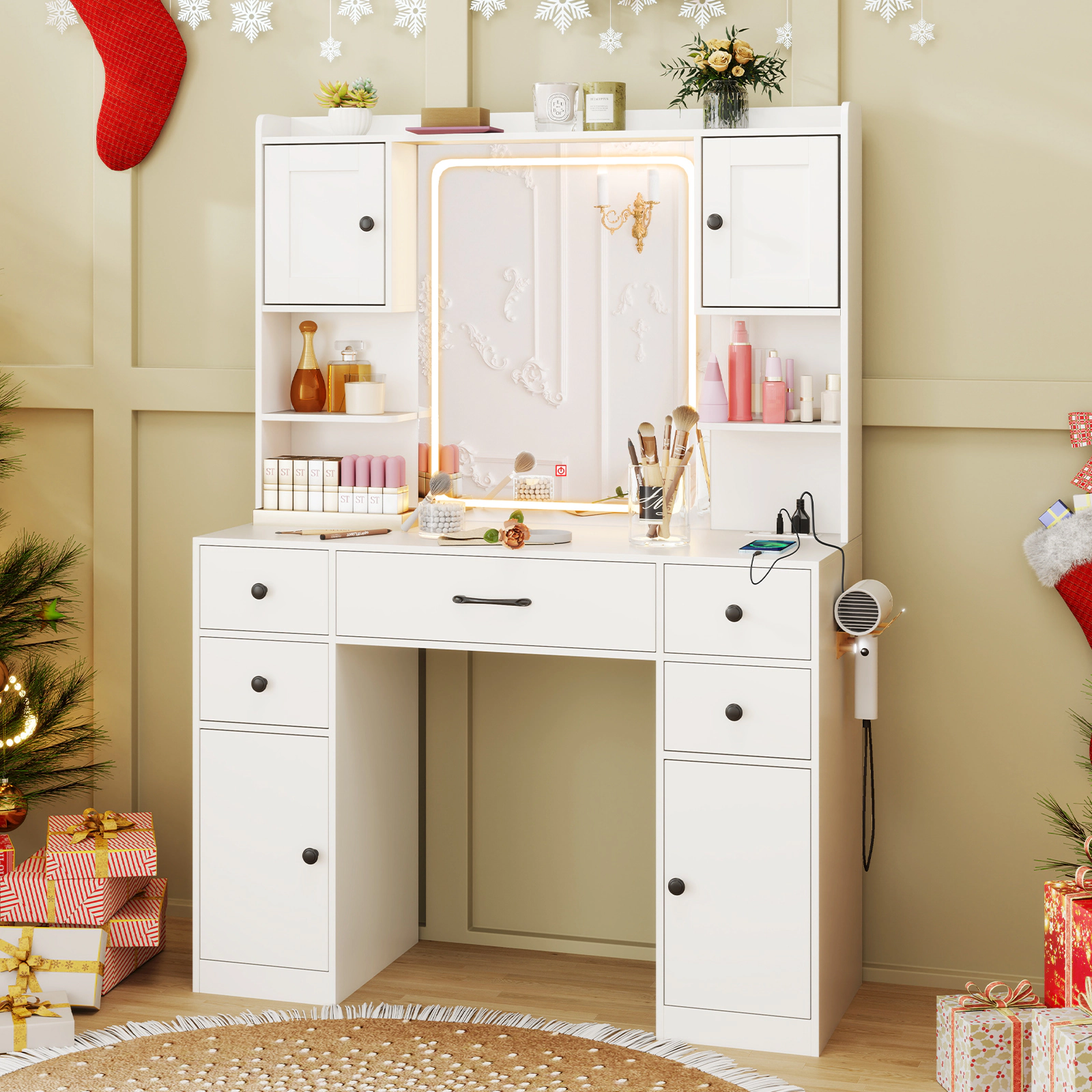 LJG Makeup Vanity Desk with Lighted Mirror and Charging Station