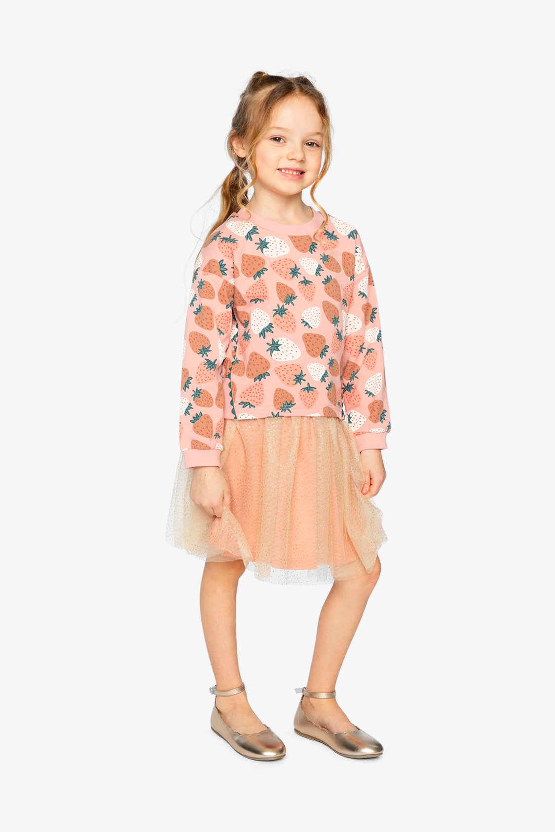 Deux par Girls Strawberry Print Sparkle Mesh Bi-Material Dress