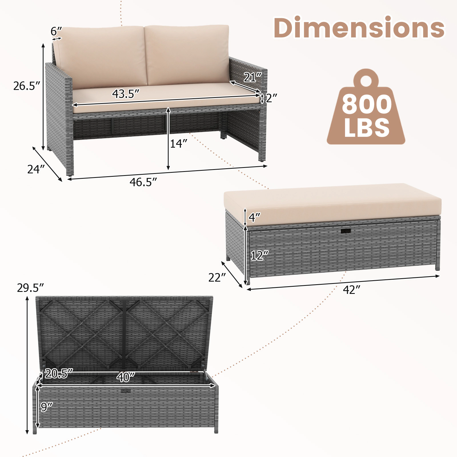LJG Outdoor Rattan Daybed Wicker Loveseat and 31 Gallon Storage Ottoman