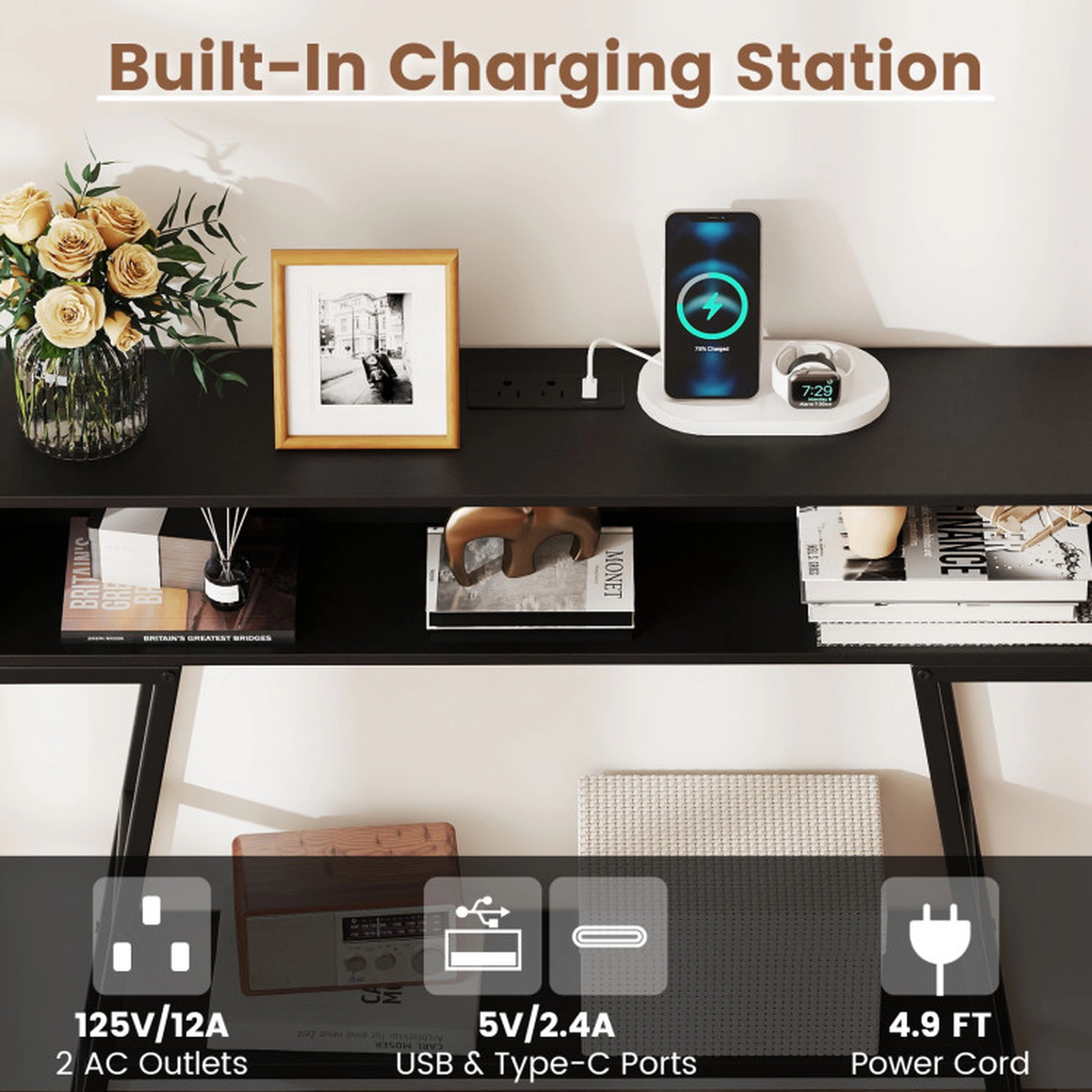 SUGIFT 40-in 8-in Narrow 45-lb Capacity Black Console Table with 2 AC Outlets USB Ports and LED Lights