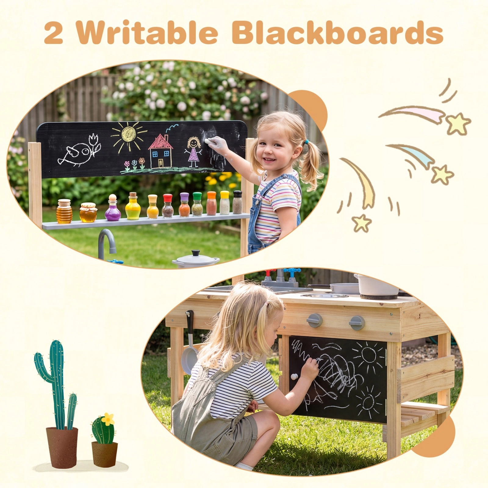 SUGIFT Outdoor Wooden Mud Kitchen Play Station with Sink Stoves and Storage 30.5 x 17 x 39 in Ages 3+ Natural