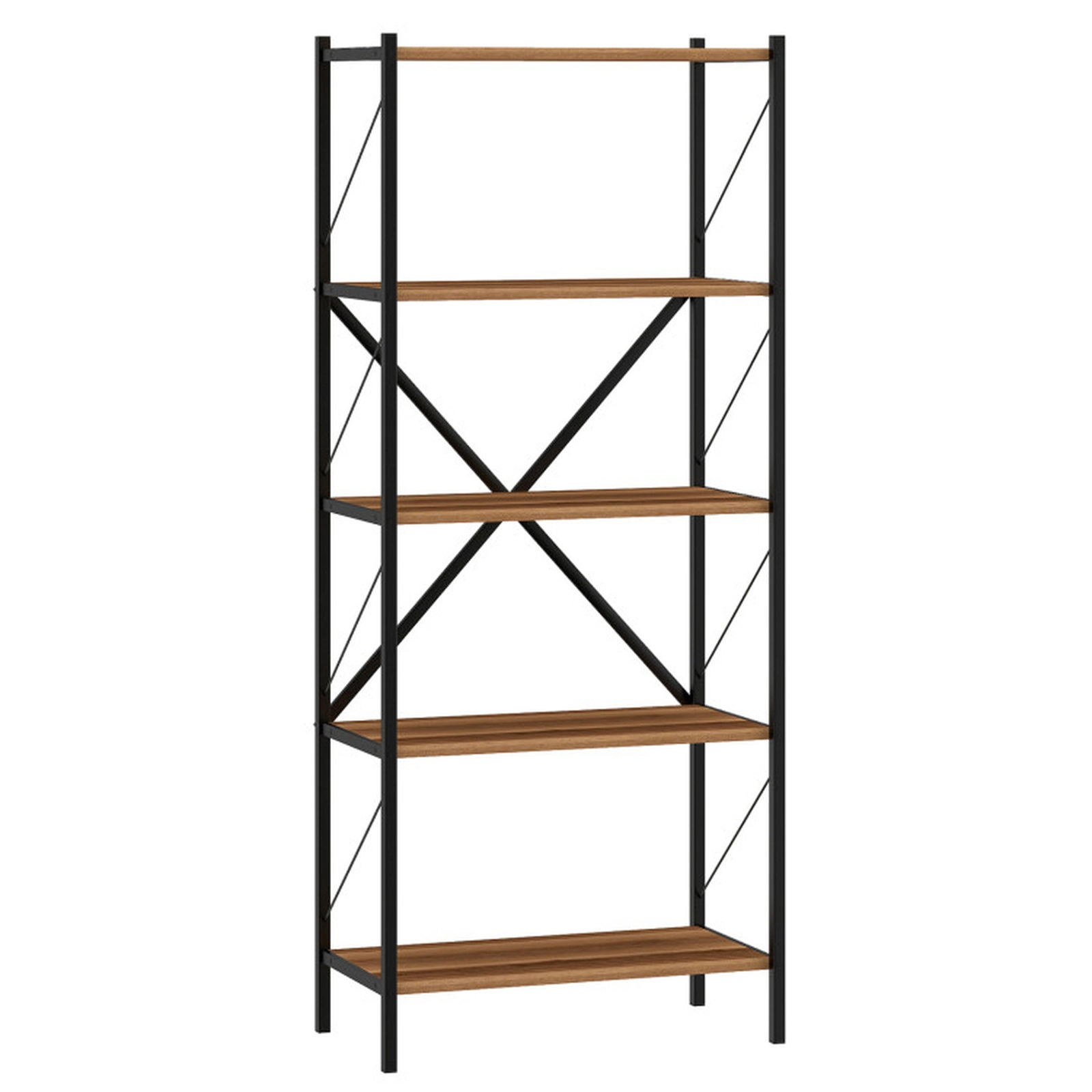 SUGIFT Walnut 5-Tier Tall Industrial Bookcase 62 in with Heavy-Duty Metal Frame