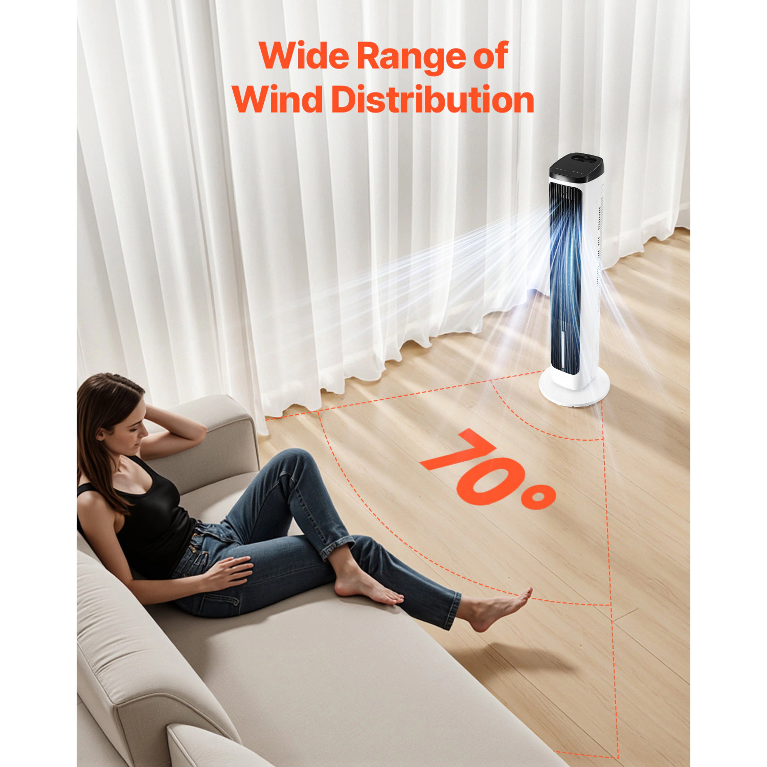 HONGGE Tower Fan, Velocity Quiet Floor Fan, 70° Oscillating Fans for Indoors with 4 Modes