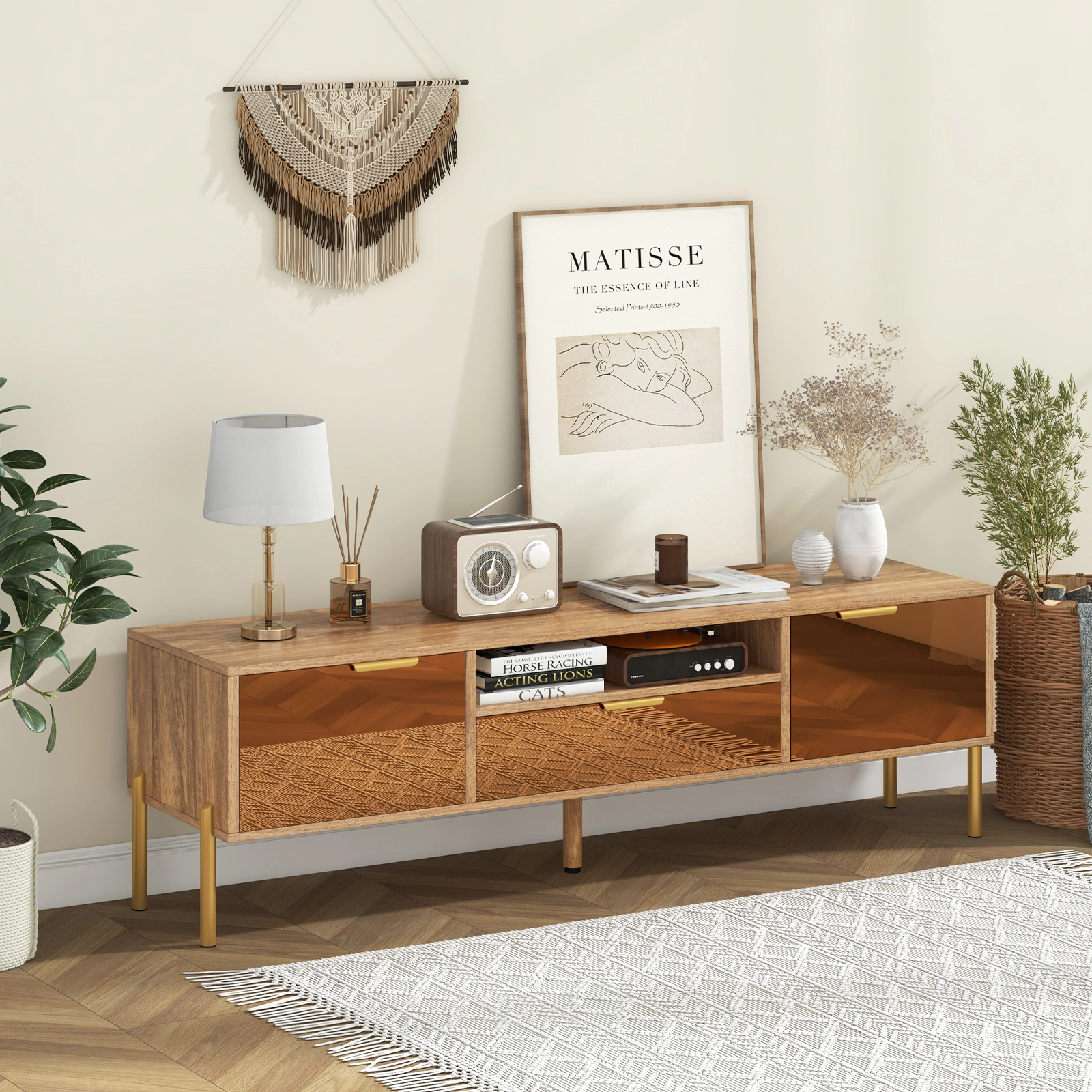 SUGIFT Mirrored TV Stand for TV up to 65 Inch with 58-in Tabletop, Drawer and 2 Storage Cabinets 220-lb Capacity Natural