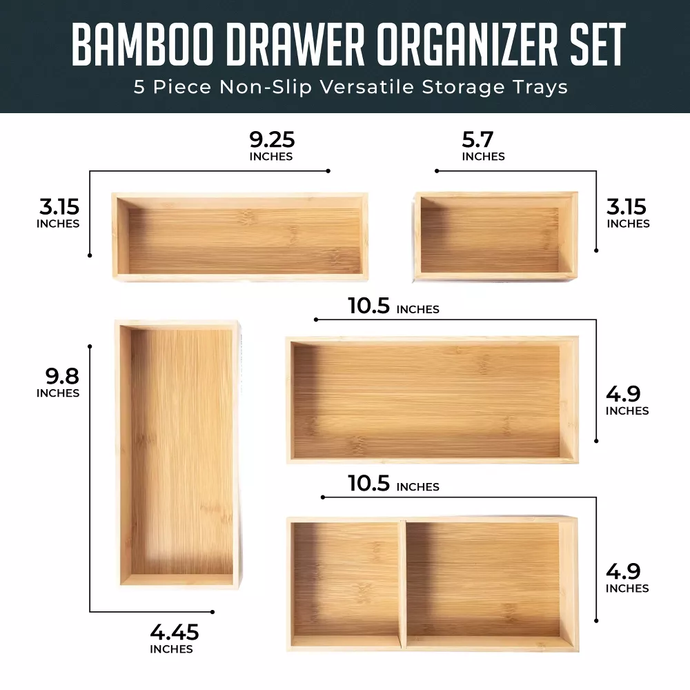 Luminuxe Bamboo Drawer Organizer Set, 5 Piece Non-Slip Versatile Storage Trays for Kitchen Utensils, Bathroom Essentials