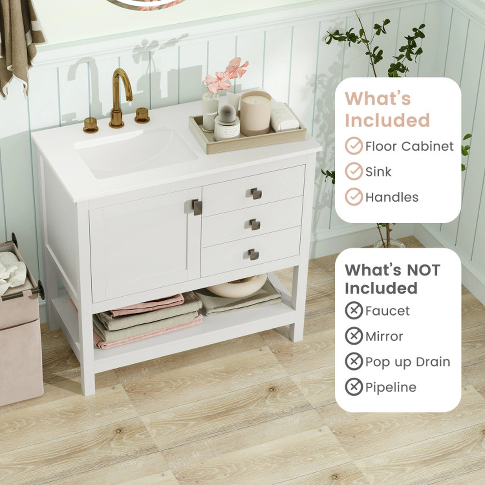 SUGIFT Freestanding Bathroom Vanity Floor Storage Cabinet with Ceramic Sink 36-in Wide 200-lb Capacity White
