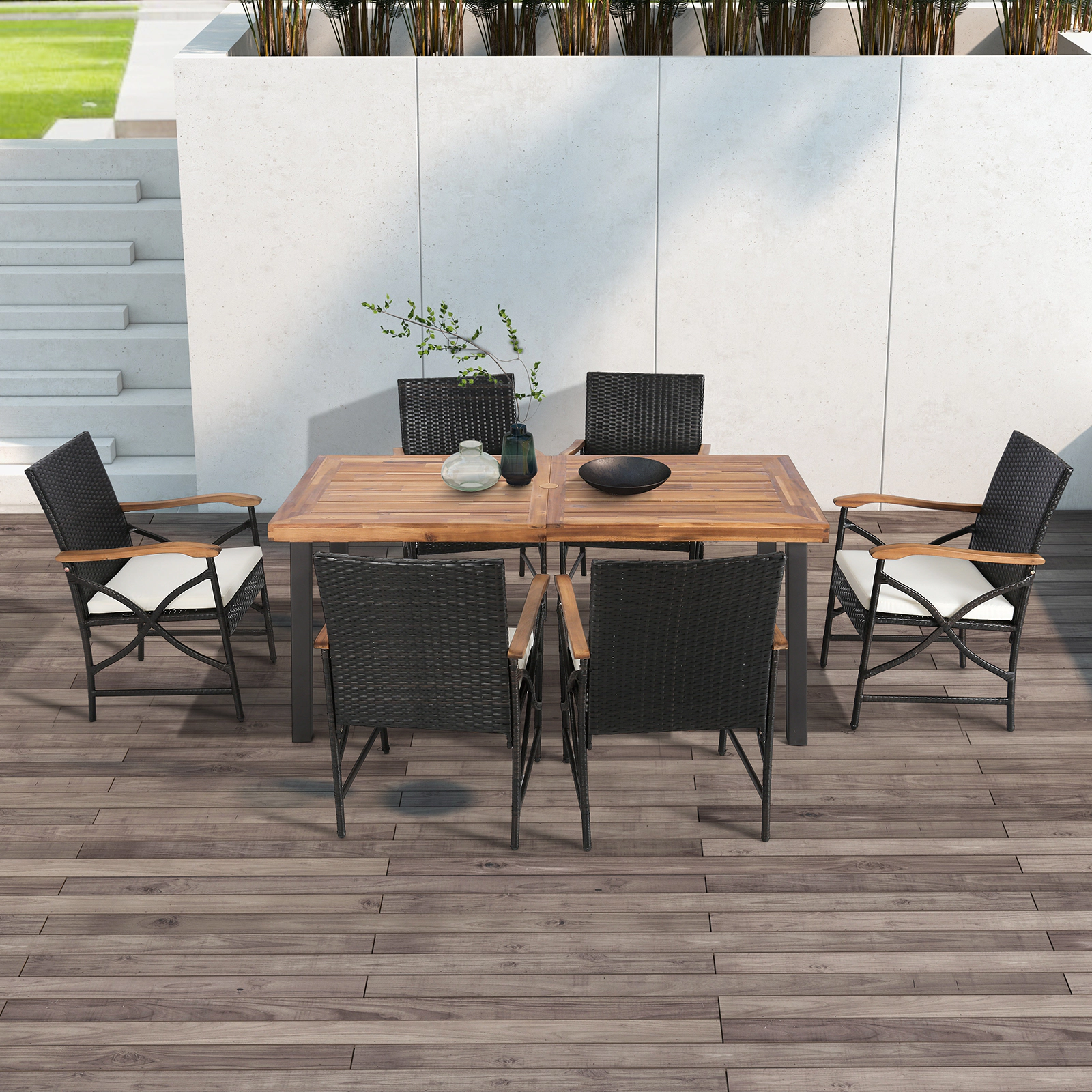 SUGIFT Patio Wicker Dining Chairs with Soft Zippered Cushion 400-lb Capacity Mix Brown and Off White Set of 4