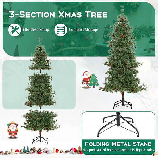 SUGIFT 6-ft Green Pre-Lit Artificial Christmas Tree with 22 Pine Cones 370 Tips and 200 Warm White LEDs