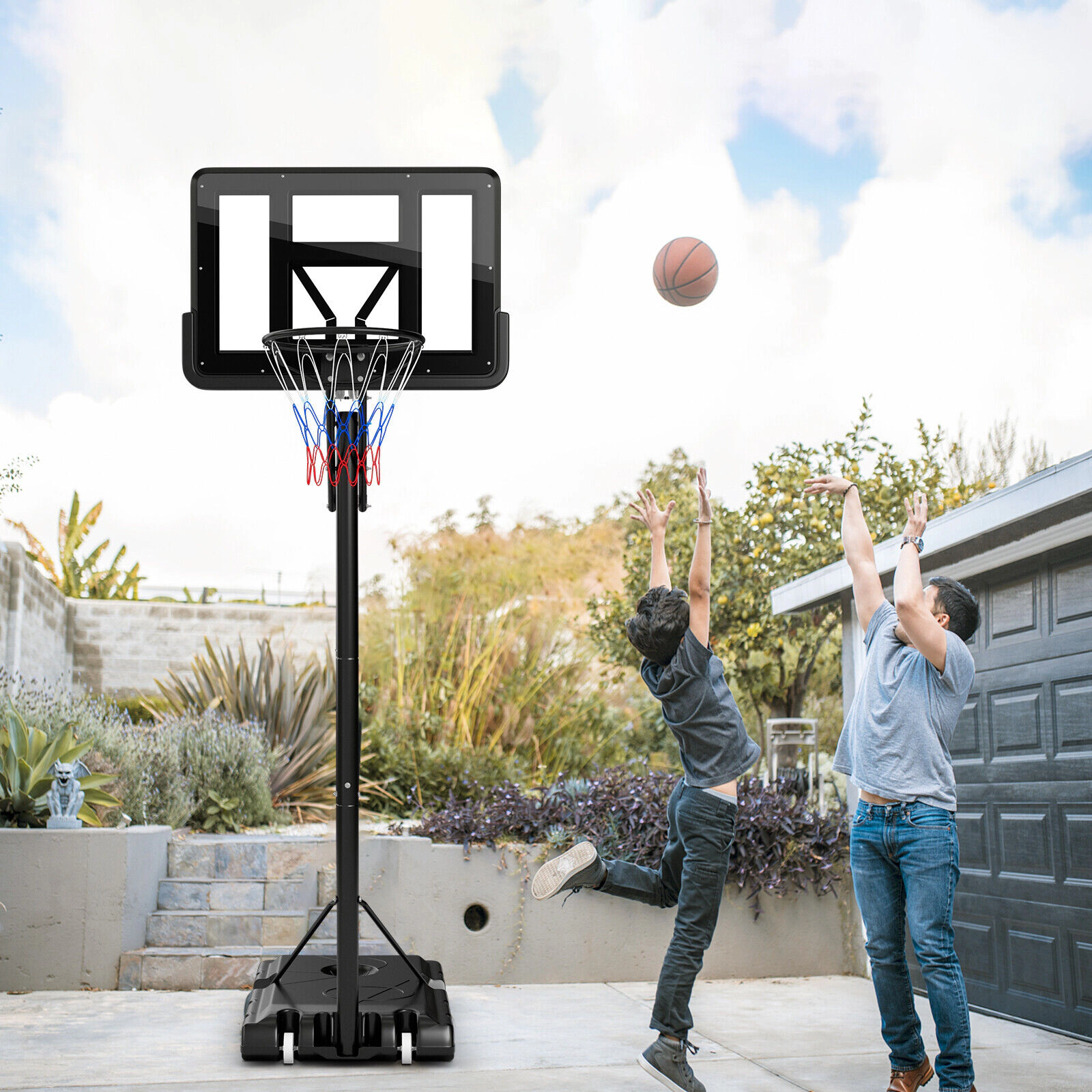 SUGIFT Black Portable Basketball Hoop with 44-in PET Backboard and Quick Lift Grip 4.6-ft to 10-ft H 18-in Rim