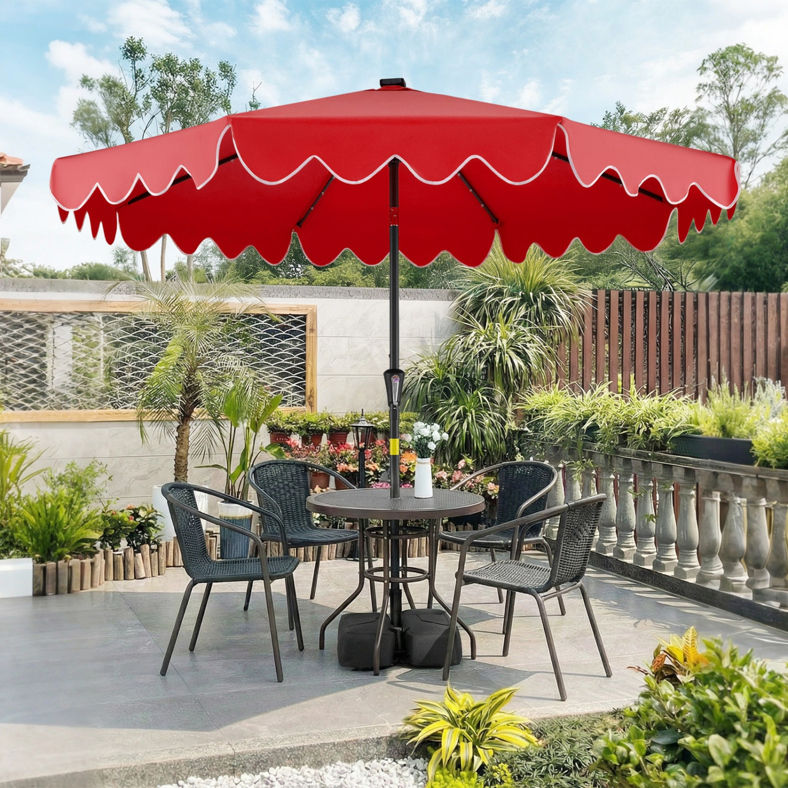 SUGIFT 9 ft Red Solar Patio Umbrella, Scalloped Canopy, 8 Ribs, Tilt, 1.5 in Pole, 2 Sandbags