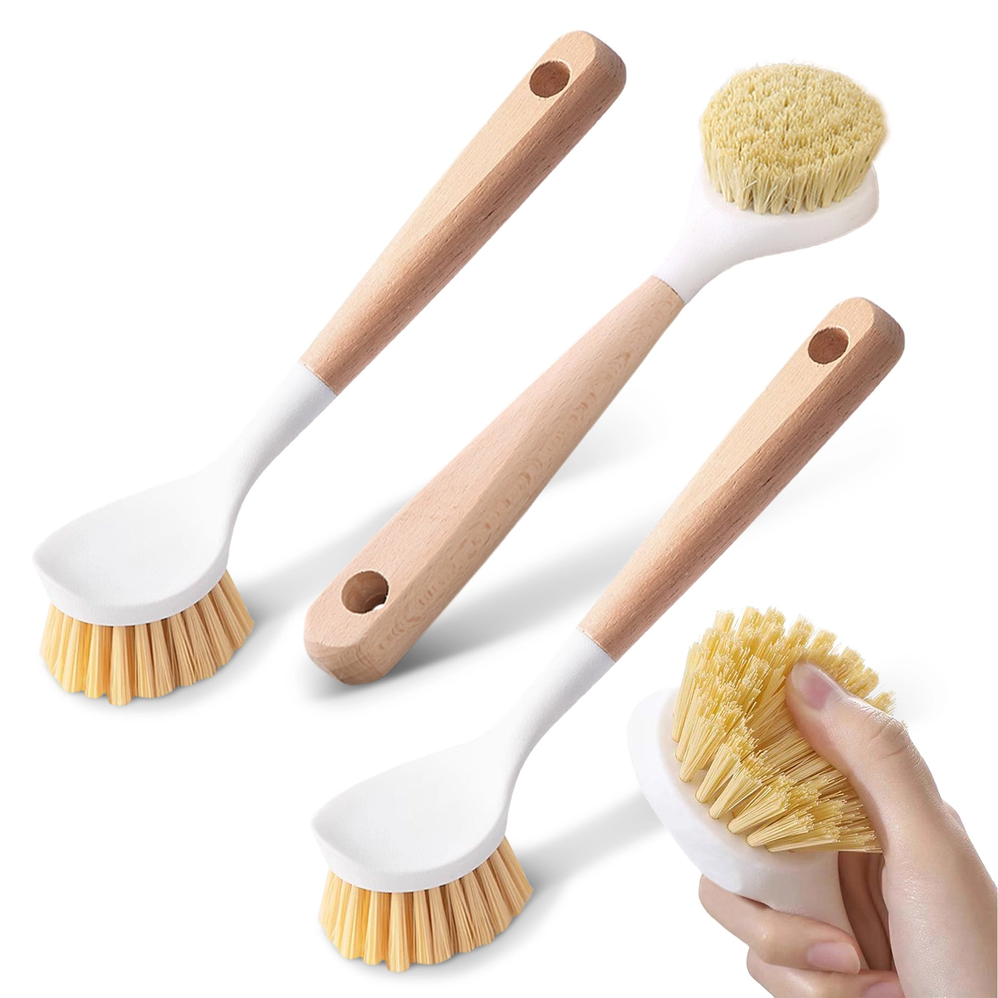 Cheer Collection 3 Piece Bamboo Dish Brush Set with Scraper – Tough Bristles