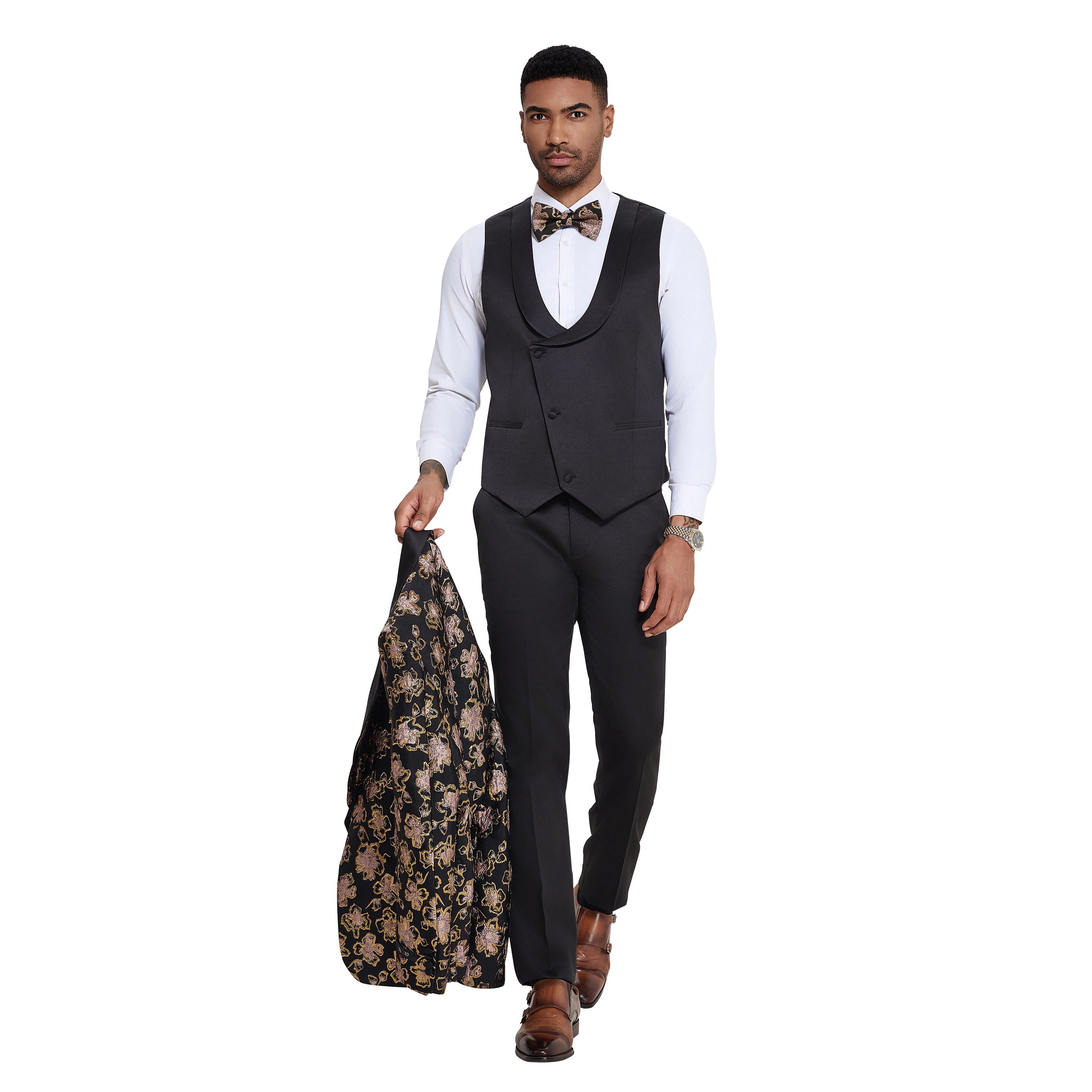 Tazzio Mens Skinny Fit Double Breasted 2 Piece Tuxedo Set with Velvet Black Peak Lapel