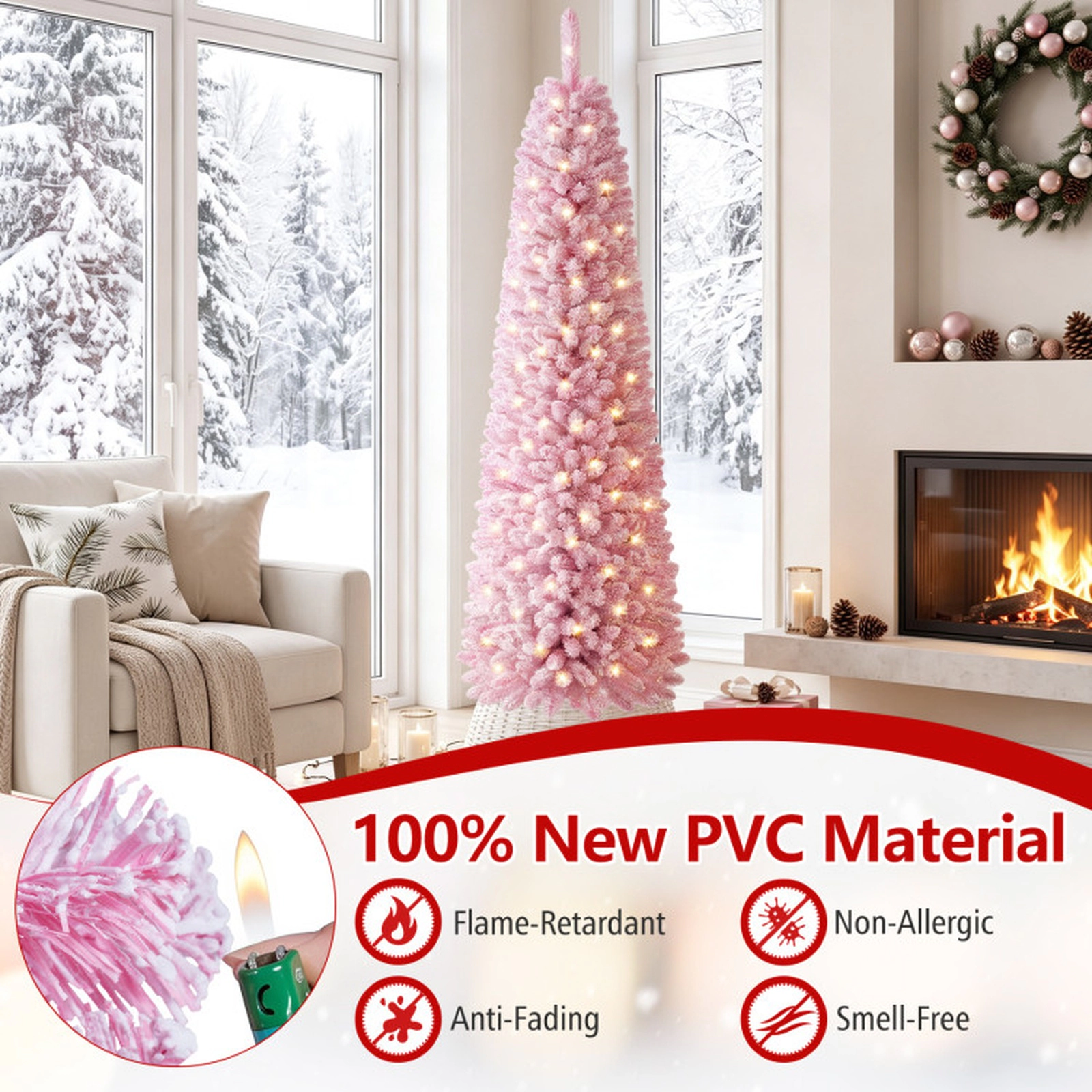 SUGIFT 6-ft Pink Flocked Pre-Lit Pencil Christmas Tree, 140 Warm White LEDs, 8 Modes