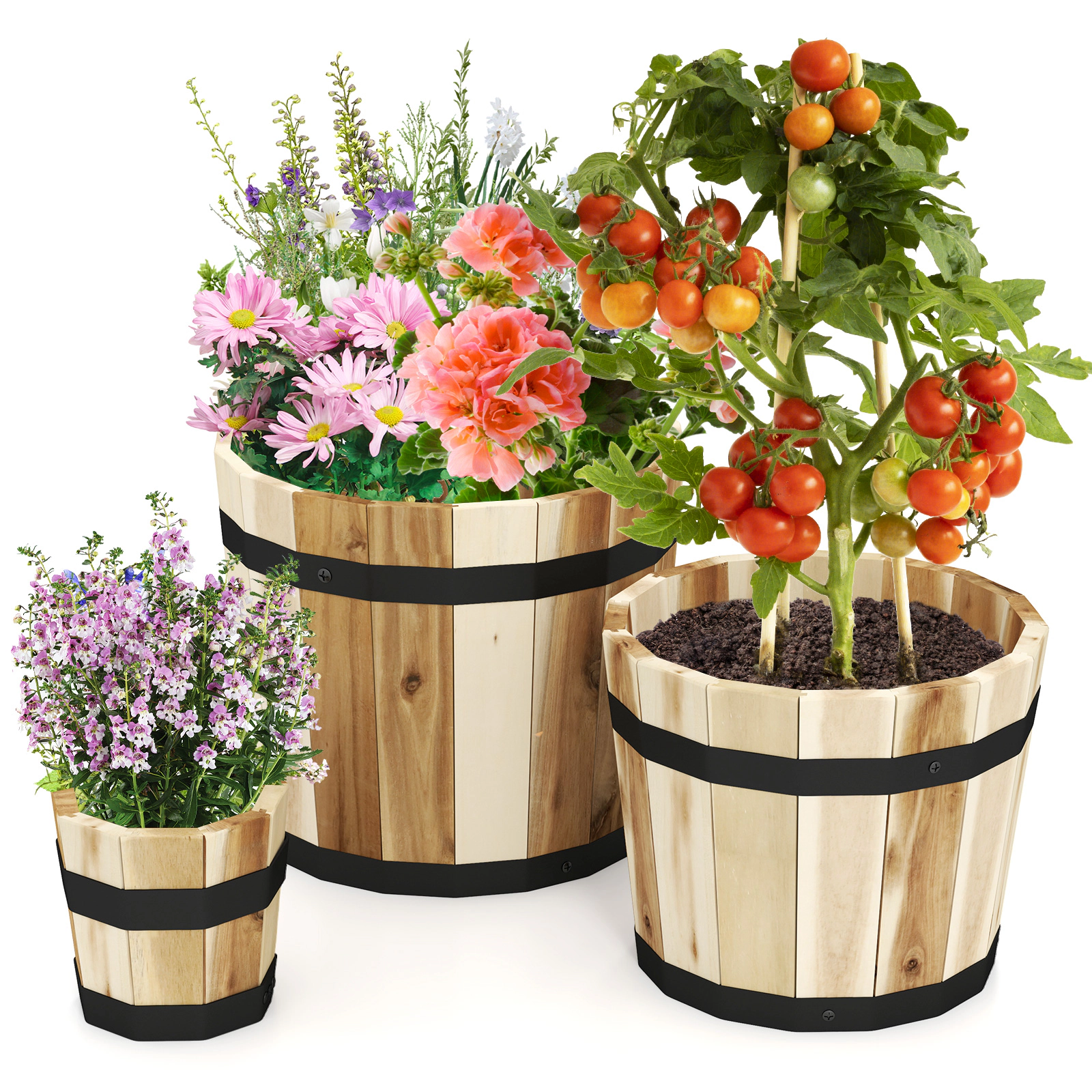 SlickBlue Set of 3 Wooden Whiskey Barrel Planters for Indoor and Outdoor Garden
